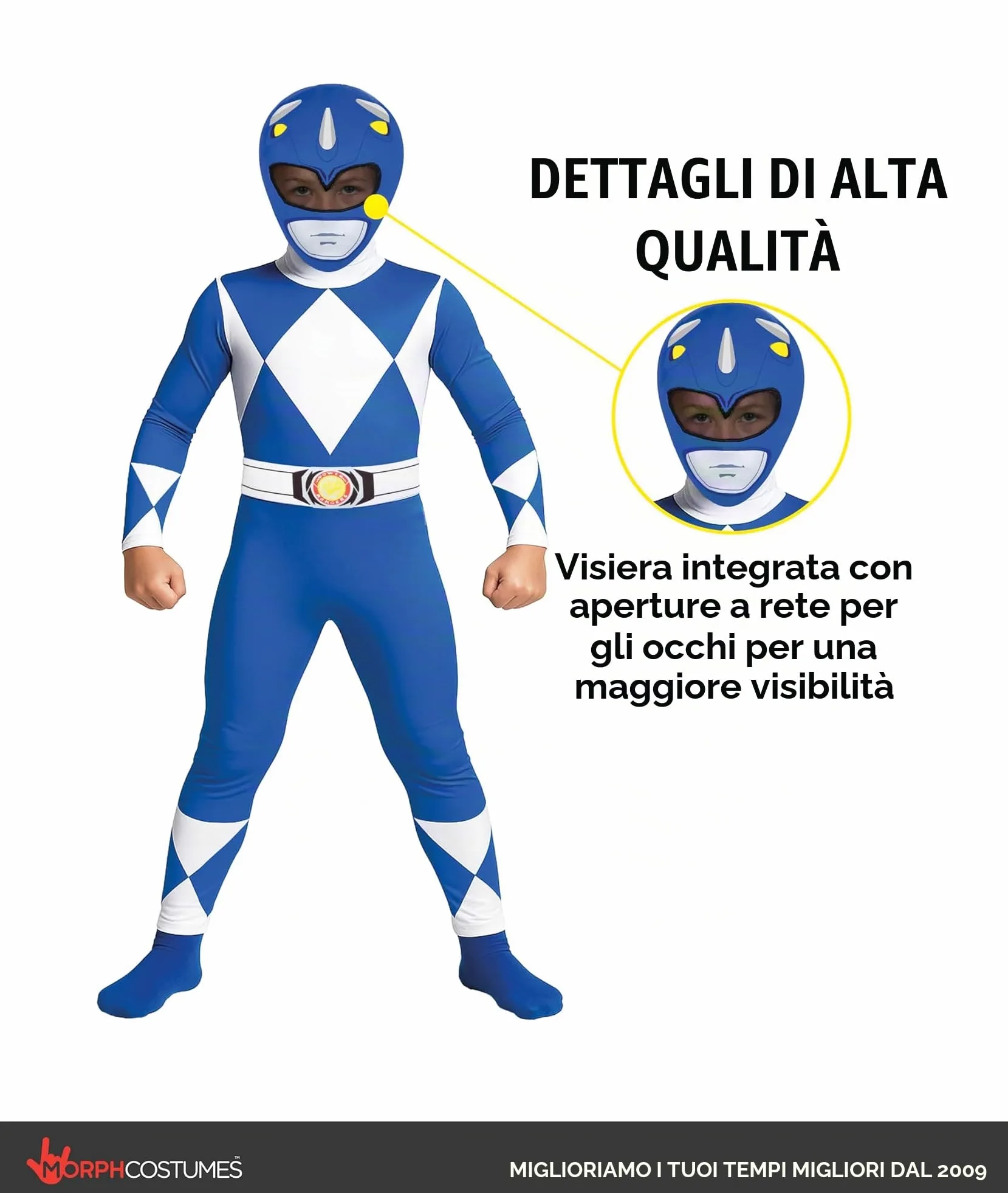 Morphsuits Costume Power Rangers Blu Bambini, Costume Halloween Bambini | Tuta Integrale con Cappuccio, Design Ranger Blu, Chiusura con Zip, Perfetto per Halloween, Ideale per il Cosplay