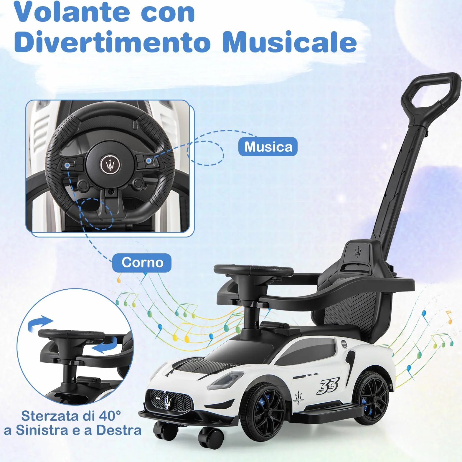 COSTWAY 3 in 1 Maserati Auto da Spinta Bambini 18-60 Mesi Bianco