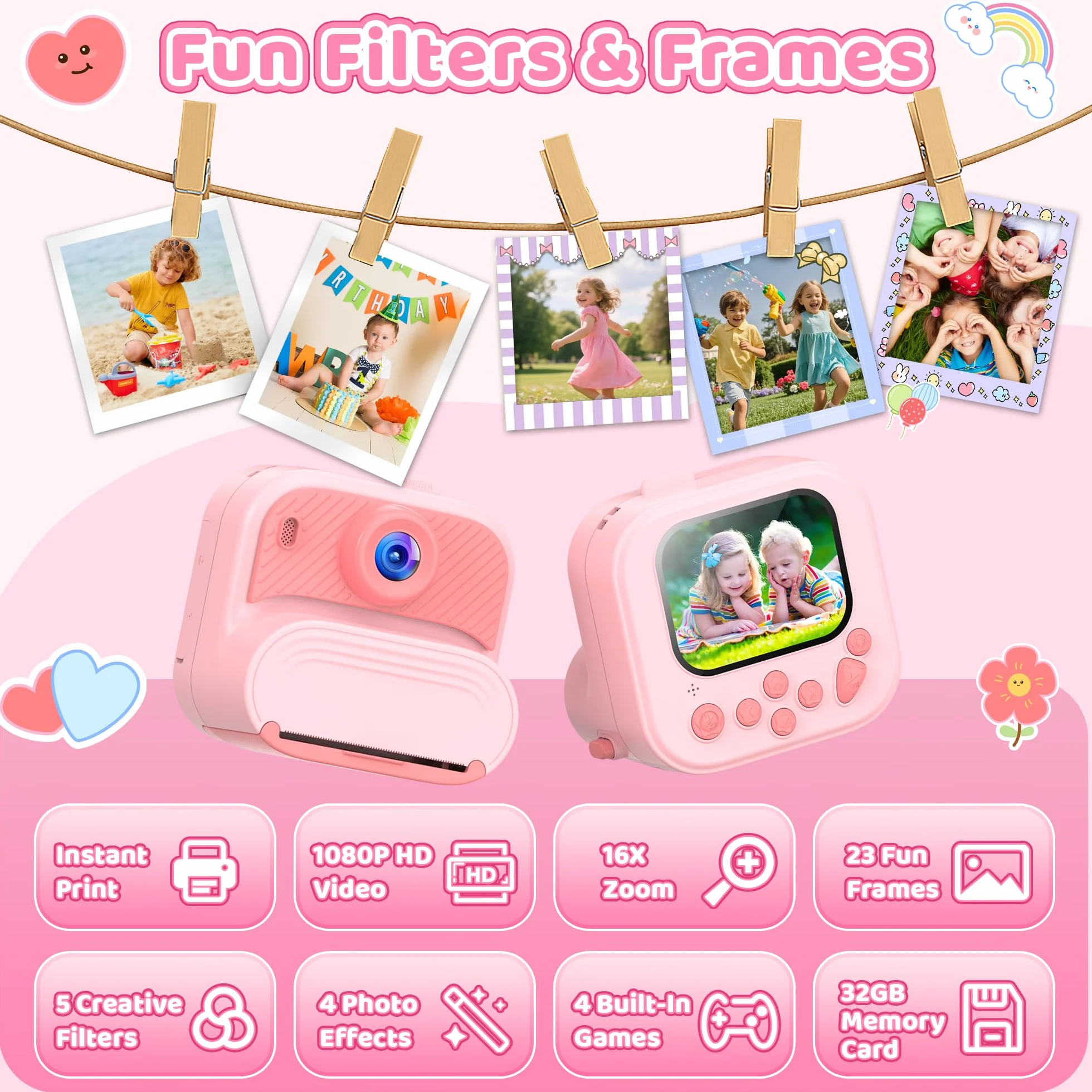 Fotocamera Digitale Bambini 32GB Istantanea Rosa Regalo Natale Compleanno
