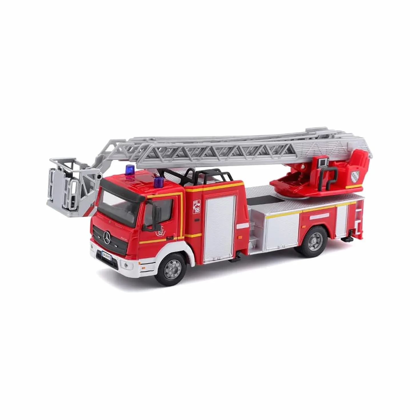 Bburago B18-32018 Camion dei Pompieri Mercedes ATEGO Magirus DLK pressofuso con Braccio funzionante, Rosso, Medio