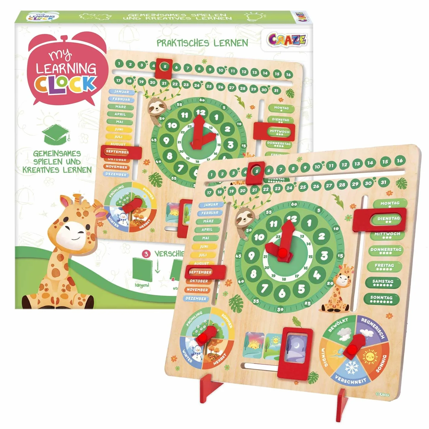 Craze My Learning Clock Animals - Orologio educativo per Bambini in Legno, Calendario per l'apprendimento dei Bambini, da Parete, Colore: Verde