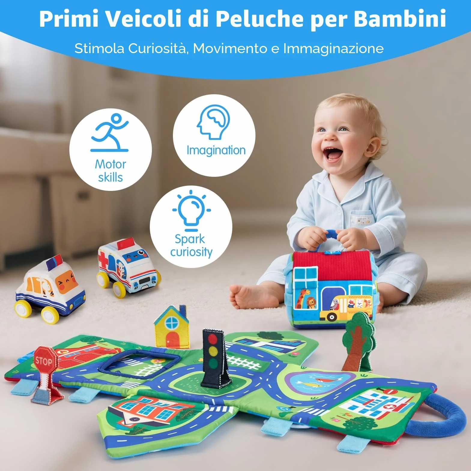 hahaland Giochi Neonato 6 9 12 Mesi - 4 PCS Peluche Macchinine per Bambini con 2 in 1 Borsa & Tappetino da Gioco - Giochi Montessori 1 Anno Regalo per Bimbo Bimba