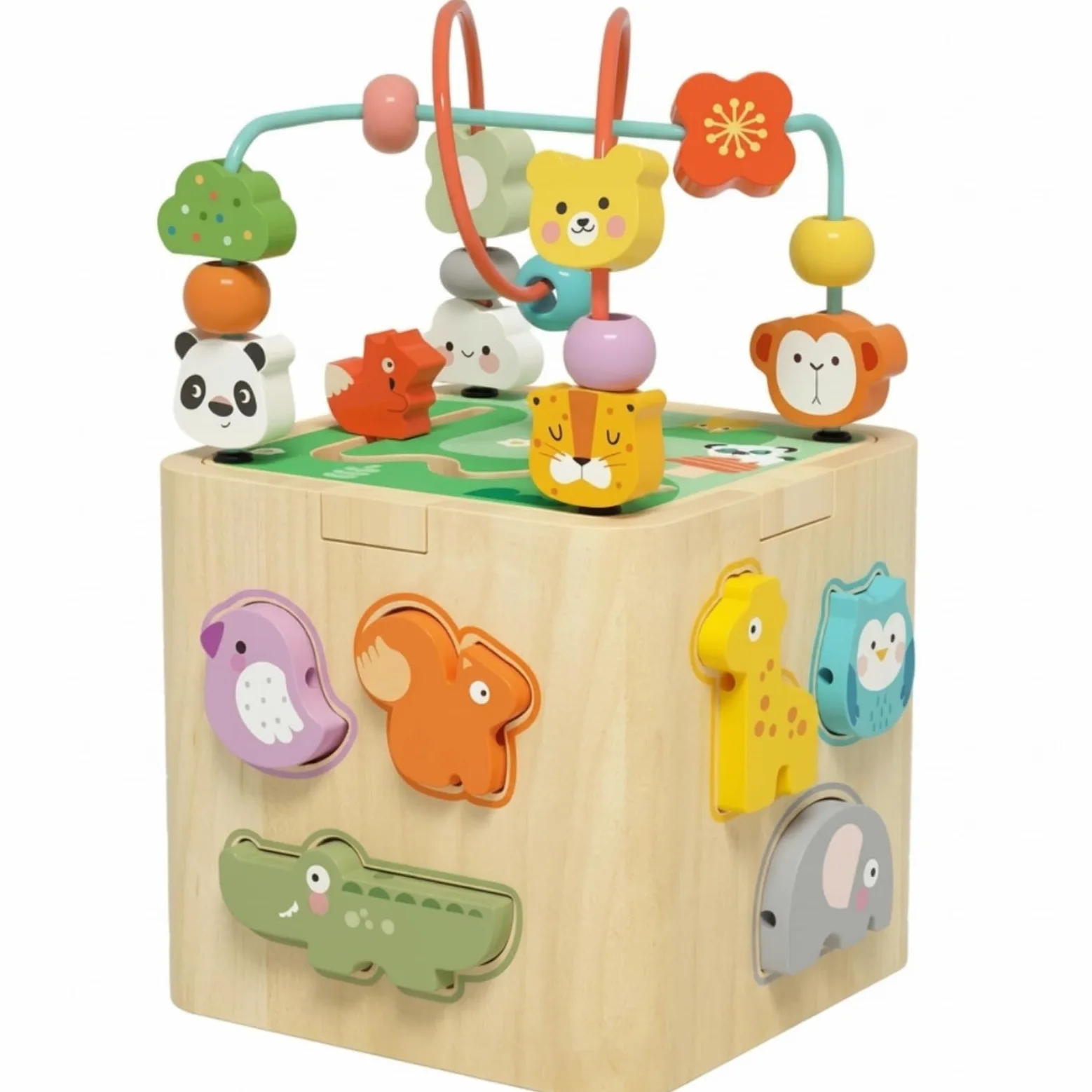 Giocattolo Educativo per Bambini Cubo Sensoriale Legno Percorso Perline Rotelle Ingranaggi Puzzle Rotante Abbinamento Forme Sviluppo Abilità Motorie