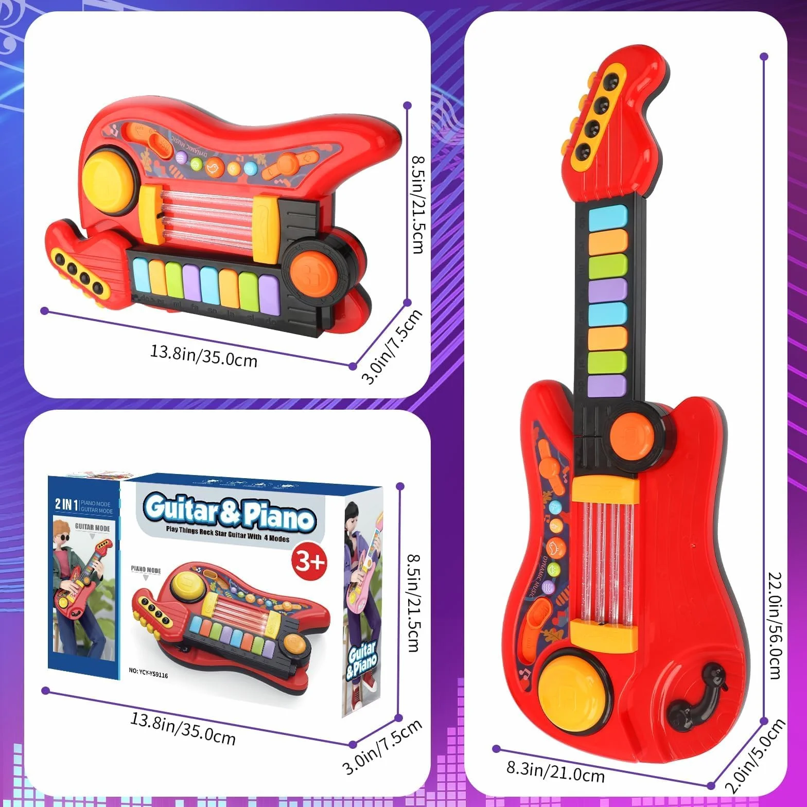 Chitarra Giocattolo 2-in-1 Strumento Musicale Elettrico per Bambini 3-5 Anni (Rosso)