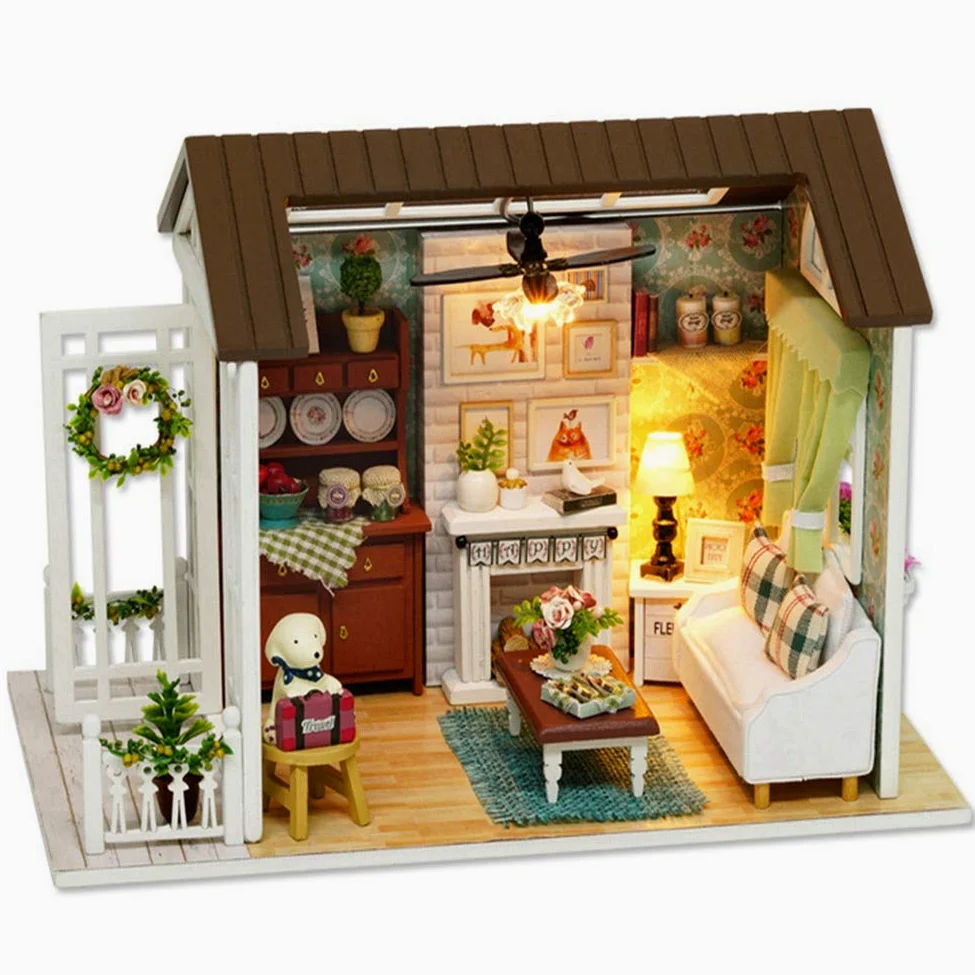 Kit case in miniatura fai-da-te, 2 pezzi Elegante lampada a LED Kit di costruzione di mini case fai-da-te Kit di mini case in legno per adulti, famiglia e amici