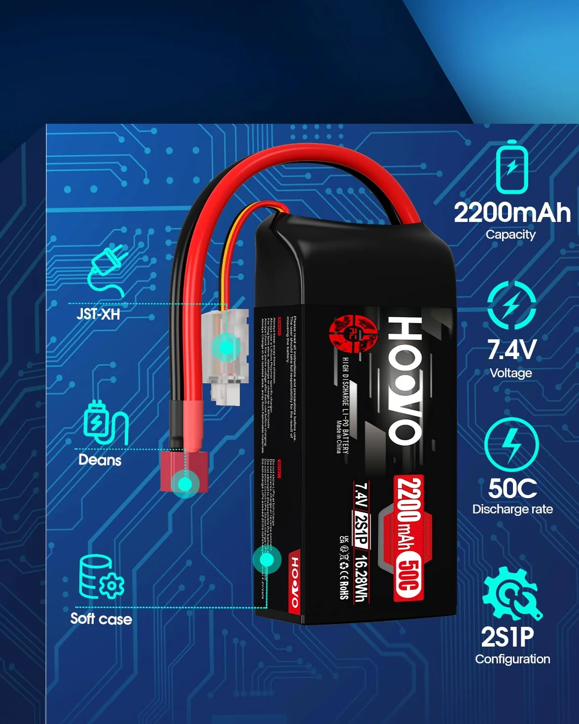 Batteria Lipo 2S 2200 mAh 7,4 V 50 C SoftCase corta con spina Dean Style T RC Batteria HOOVO per 1:16 RC Auto Camion Heli Aeroplano Rock Crawler Airplane Helicopter (2 pezzi)
