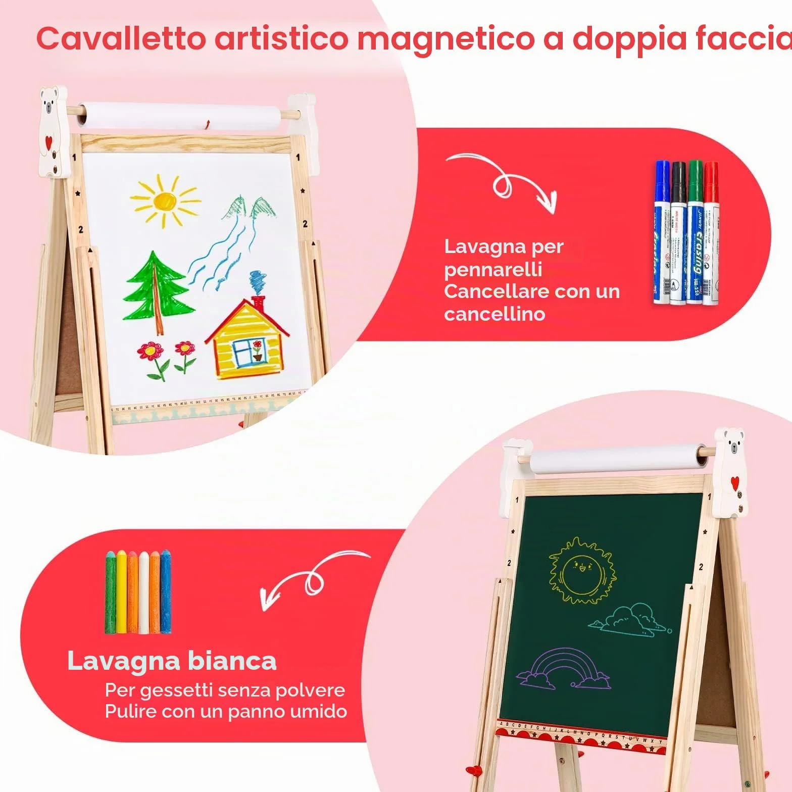 Lavagna per Bambini a Doppia Faccia con Cavalletto Regolabile, Giochi Educativi 3+ Anni