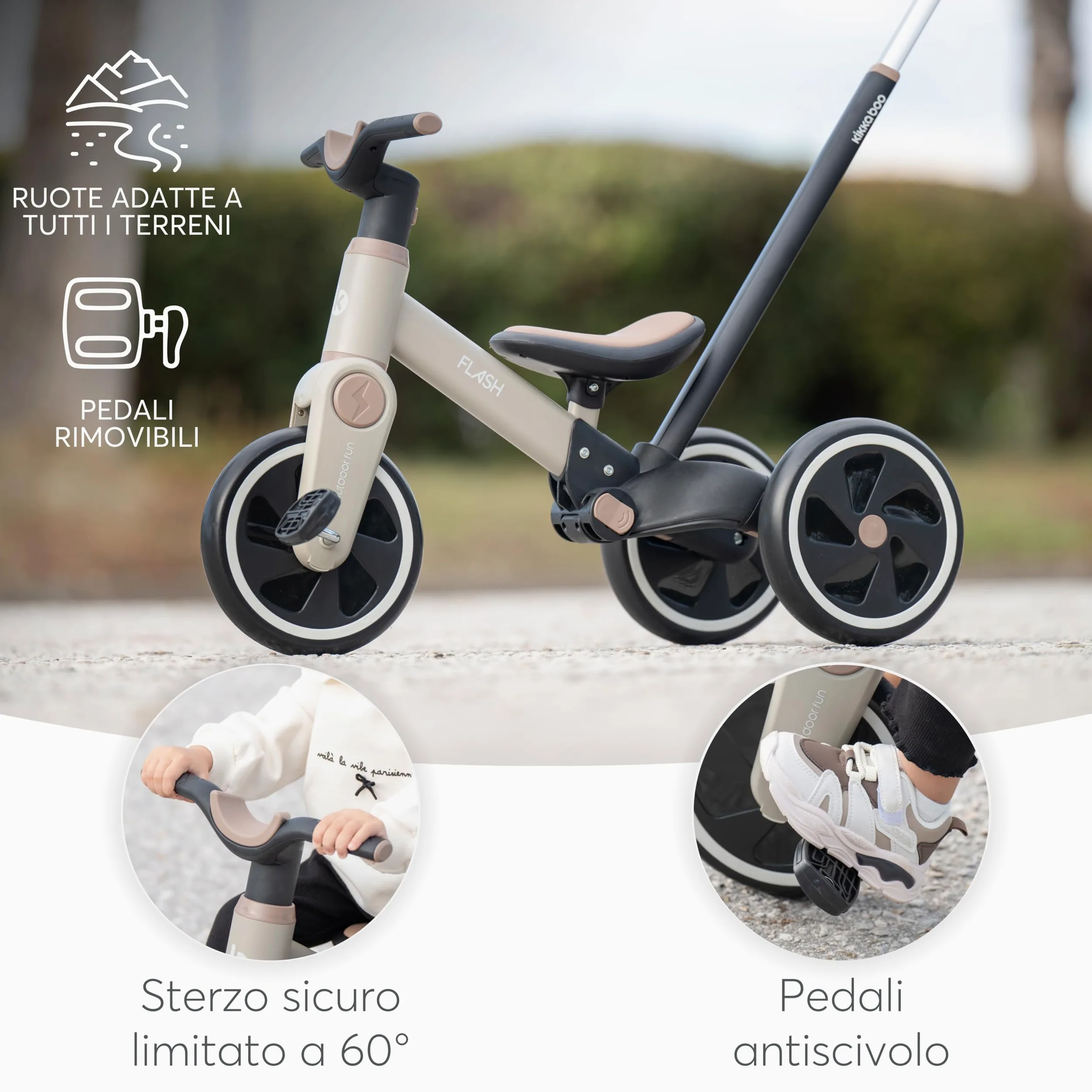 KikkaBoo Triciclo Evolutivo 5 in 1 FLASH, da 18 Mesi a 4 Anni, con Maniglione Regolabile per Genitori, Trasformabile in Bicicletta Senza Pedali, Leggero, Ruote EVA, Telaio in Acciaio, Grigio