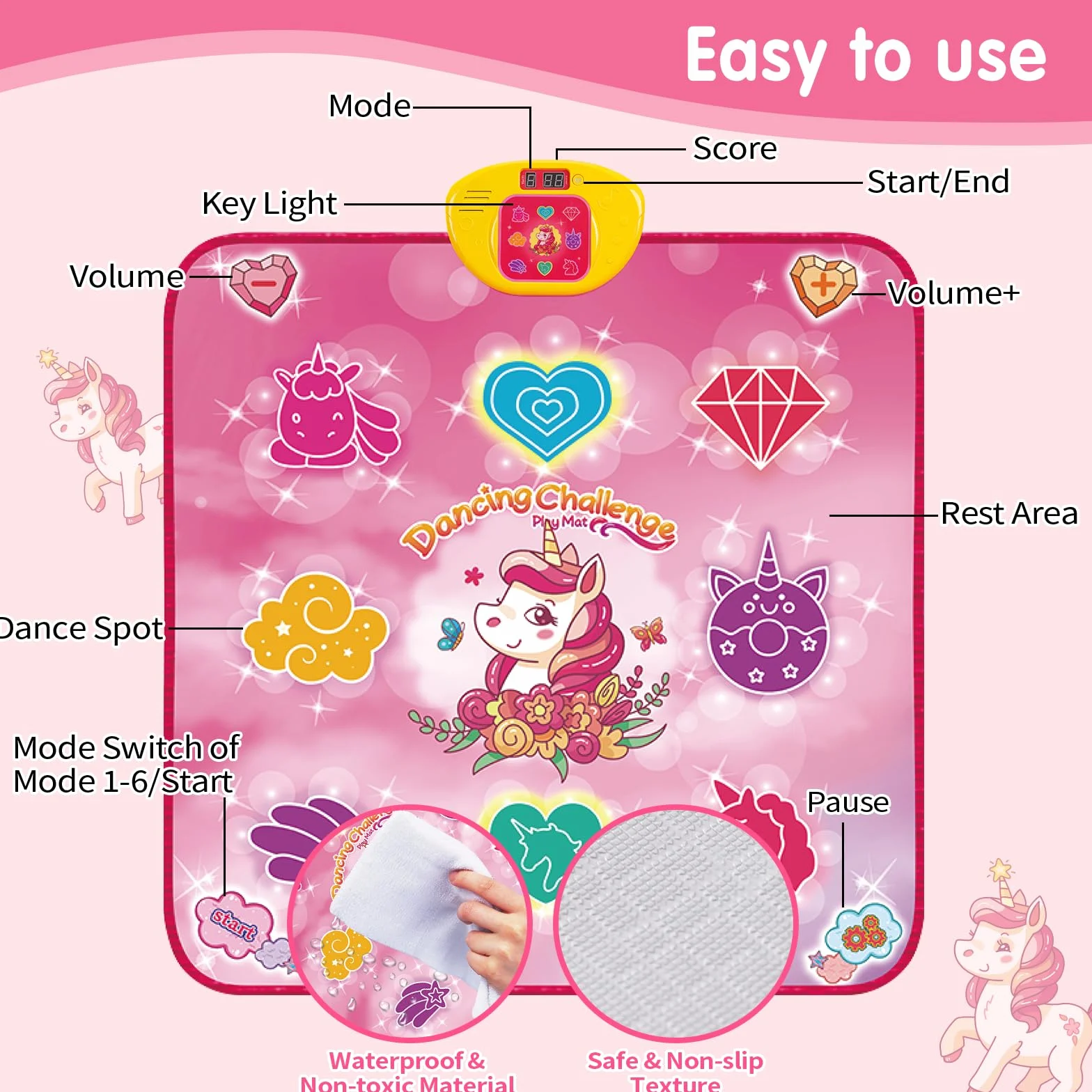 Tappetino da ballo per bambini musicale con 6 modalità di gioco e 9 luci a LED unicorno