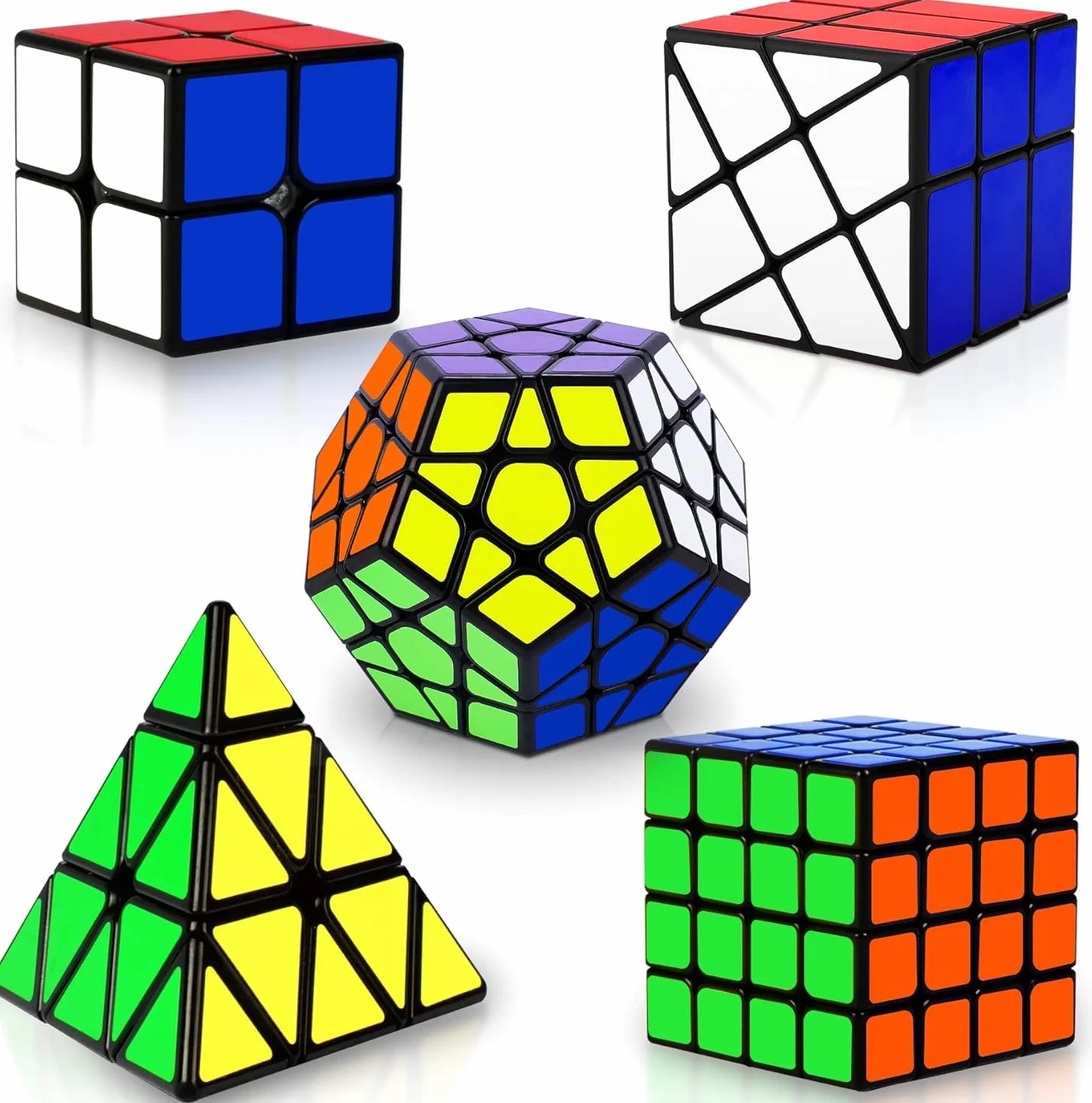 Coolzon Set di 5 Cubi Magici, Set di 5 Cubi Magici di Velocità 2x2 4x4 Fenghuolun Pyraminx Pyramid Megaminx Fenghuolun Puzzle Cube Giocattolo Regalo per Bambini Adulti