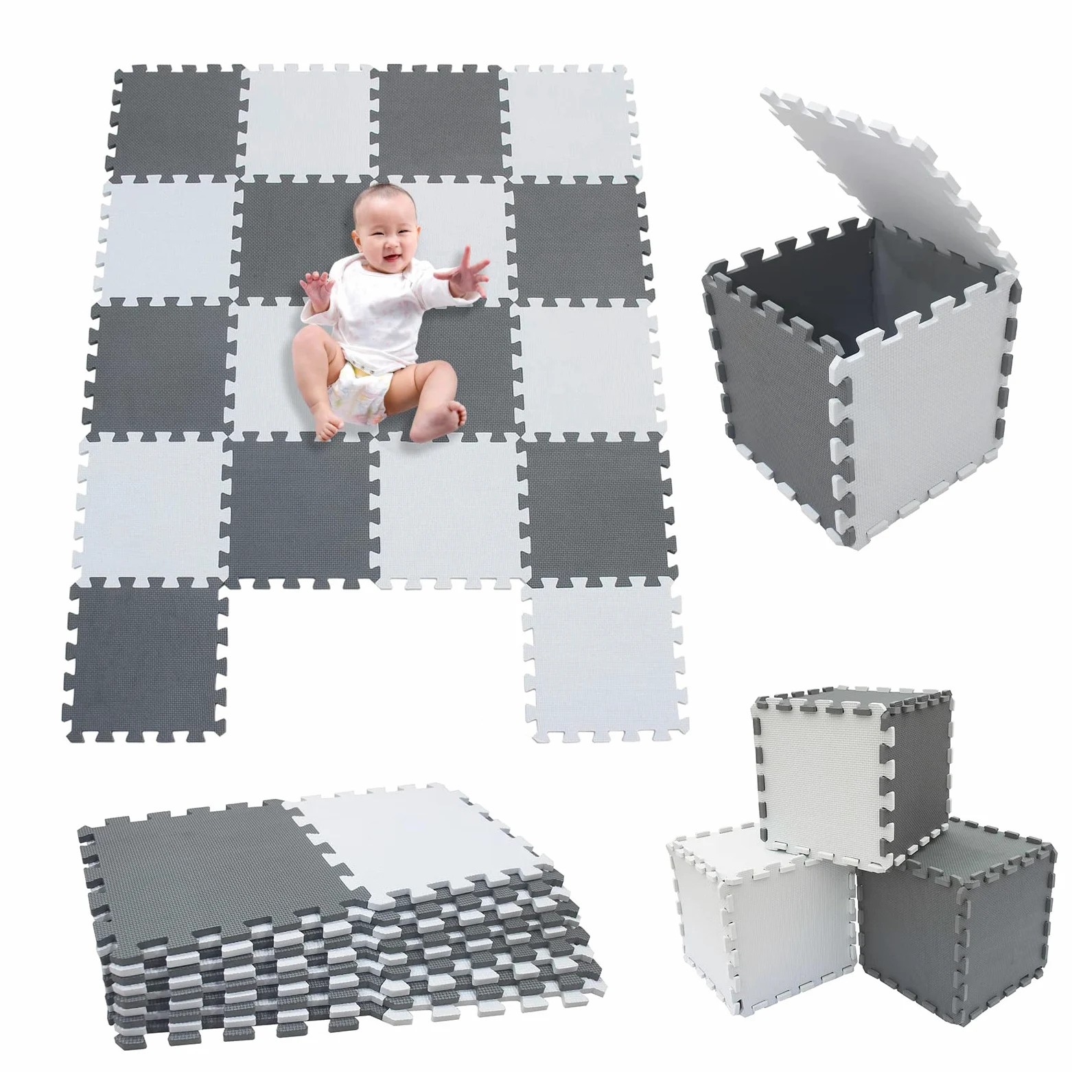 Tappeto in schiuma per puzzle, tappeto da pavimento, puzzle, tappeto in schiuma per bambini, multicolore per bambini, tappetino da strisciare, attivite, 30 x 30 x 1 cm (36 lastre, bianco + grigio