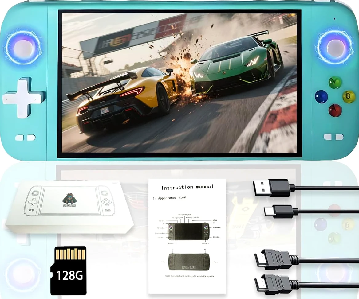 Nuova console di gioco portatile M27, 128 GB di memoria interna con 30.000 giochi, sistema Linux, schermo IPS da 7 pollici, console portatile mini arcade tascabile, uscita HD (verde, 128 g)