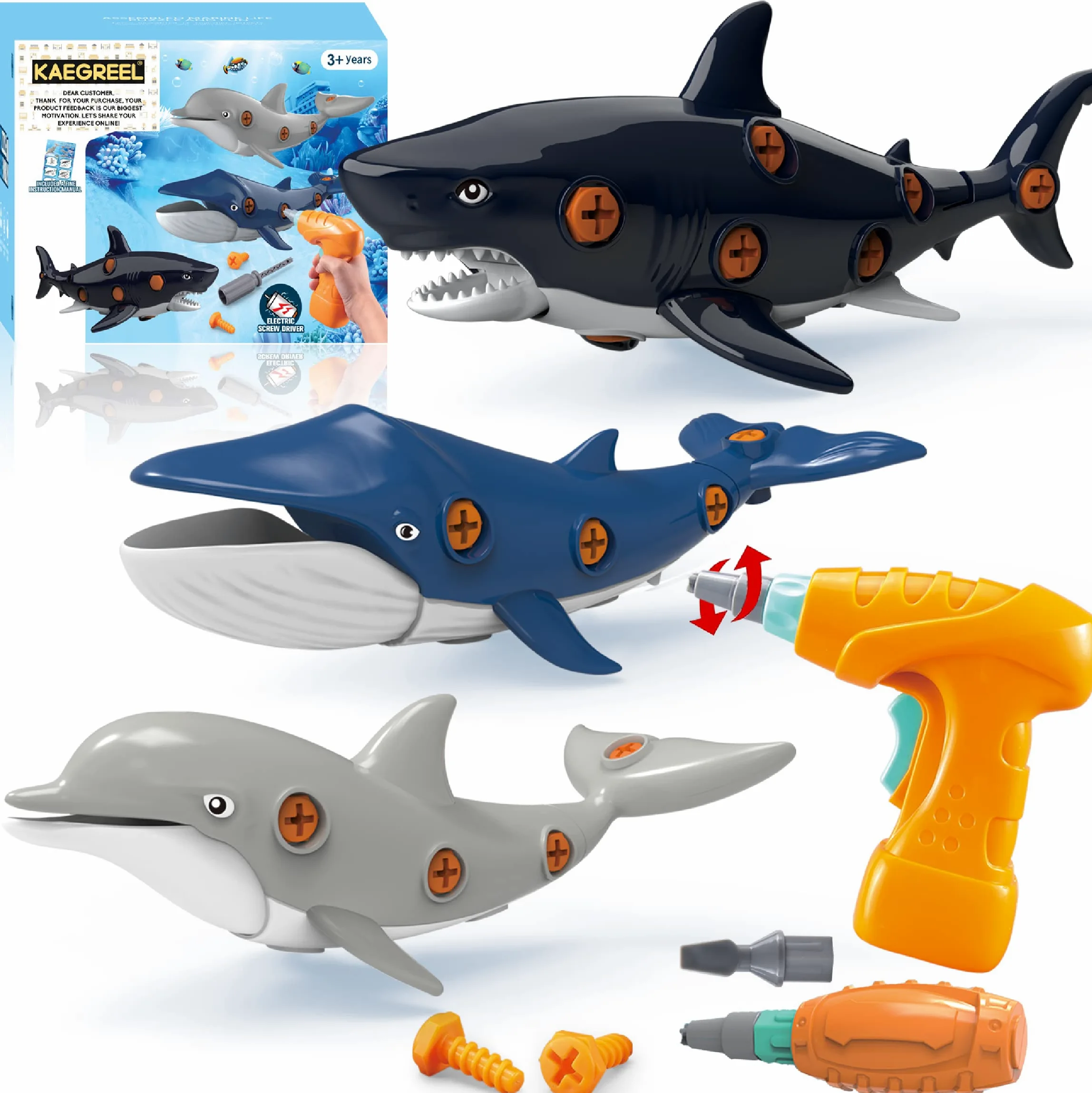 KAEGREEL Animali Marini Giocattolo per Bambini con Trapano Elettrico, Squalo Orca Dolphin Balena Animale Oceanico Costruzioni Giocattoli Puzzle Giochi DIY Regali per Ragazzi Ragazze 3 4 5 6 7 8 9 Anni