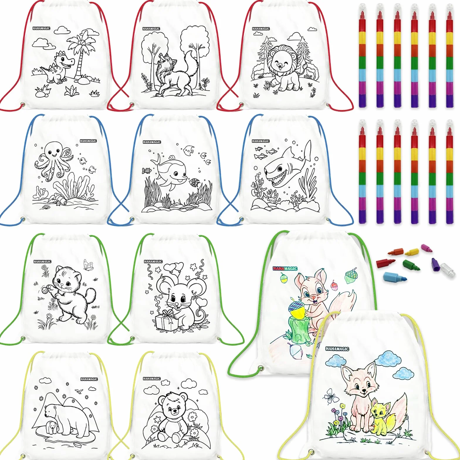 12 PCS zaini da colorare con 12 pastelli a cera impilabili (7 colori in uno), adatto come regalini fine festa compleanno bambini invitati, sacchetti e gadget compleanno bambini