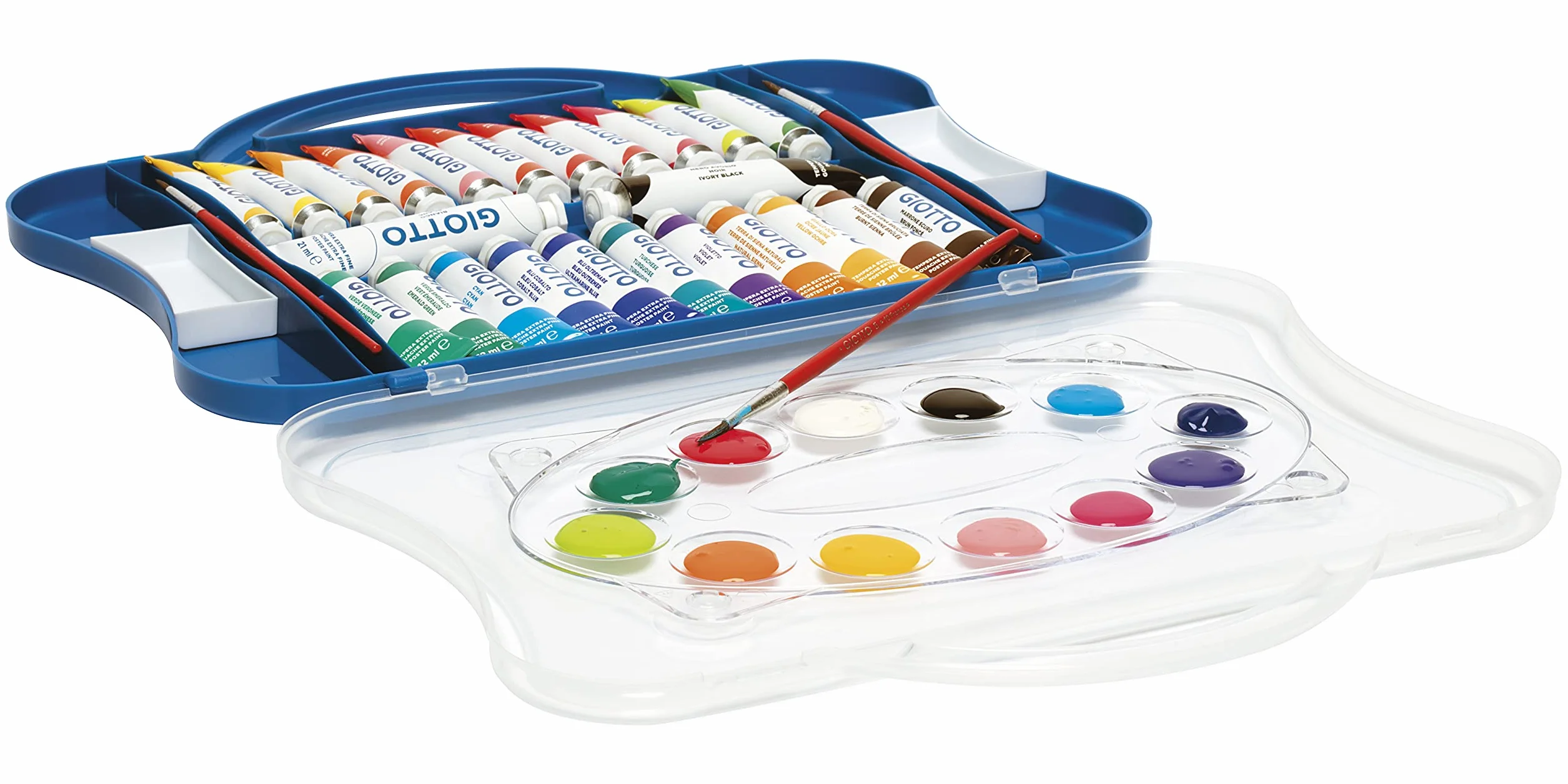 GIOTTO Tempera - Valigetta Da 24 Tubetti Di Tempera Ultrafine Concentrata + 2 Pennelli, 12 ml, Con Tavolozza Estraibile