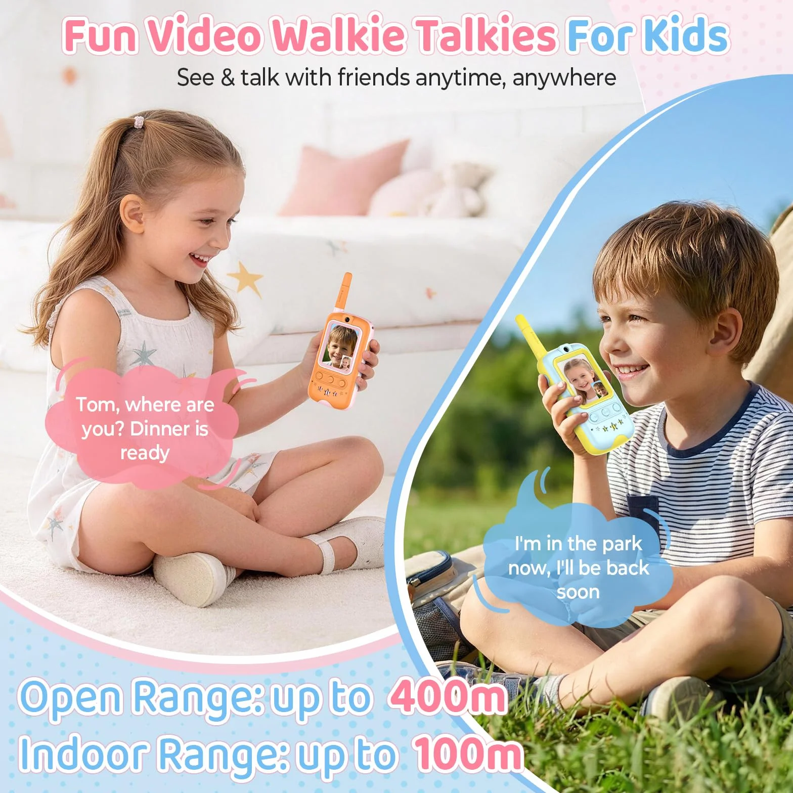 Walkie Talkie Bambini con Videocamera HD e Cambia Voce, Gioco Interattivo, Giallo + Arancione
