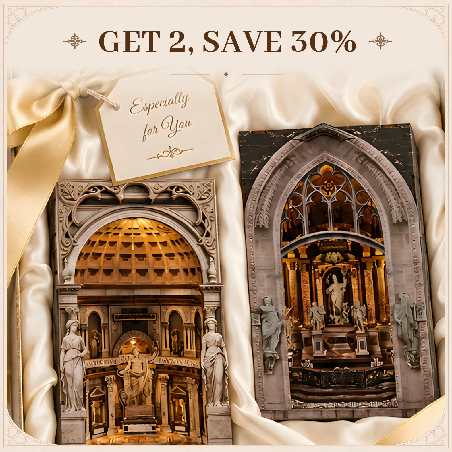 MiniCity Set di 2 angoli per libri fai da te, collezione Miniature World, serie di puzzle 3D con chiesa, decorazione estetica per librerie e hobby per bibliofili (Pantheon e Duomo di Mliano)
