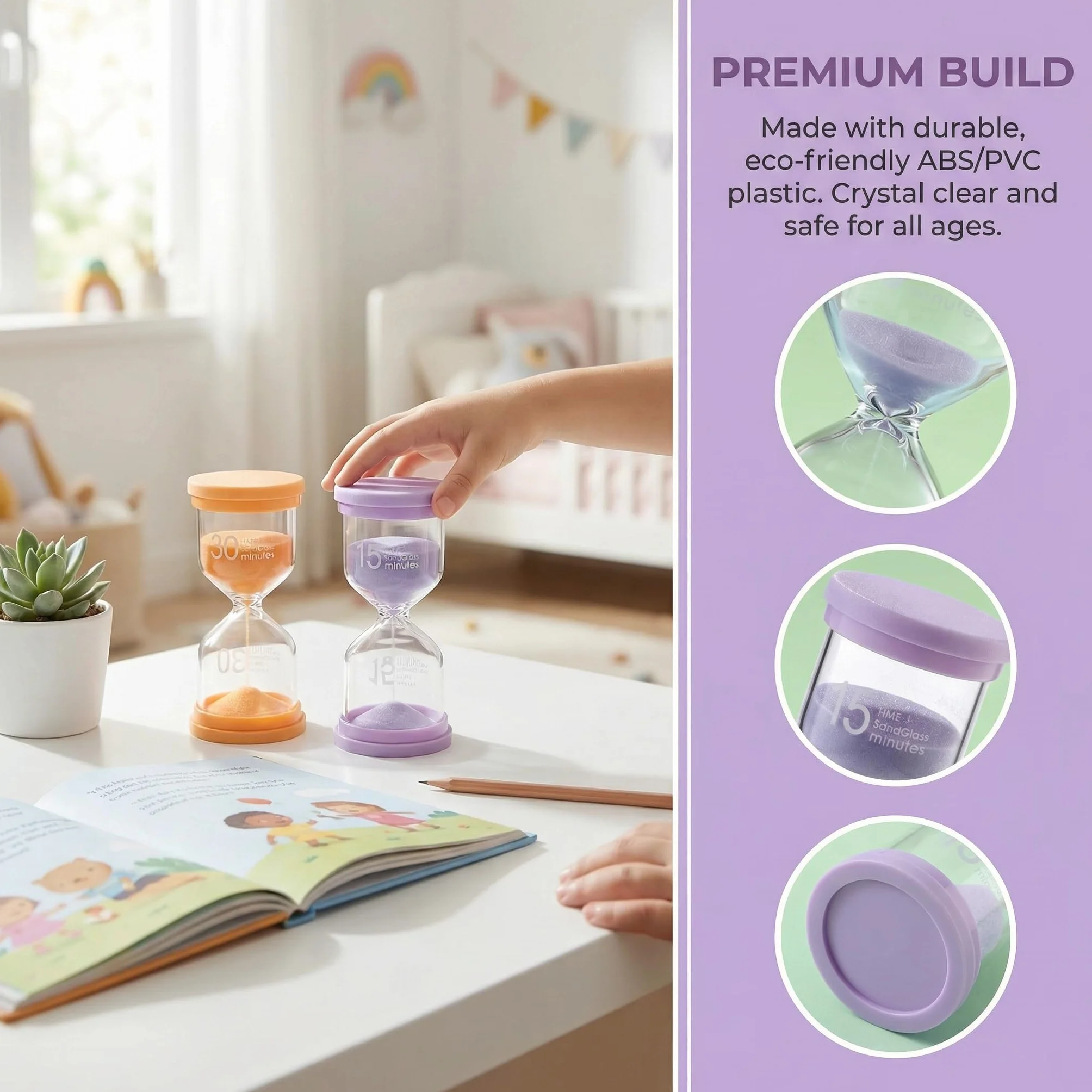 Clessidra Bambini 5 Pezzi – Timer Visivo Colorato 1/5/10/15/30 Minuti, Clessidra Educativa in Plastica Anticaduta per Studio, Gioco e Casa