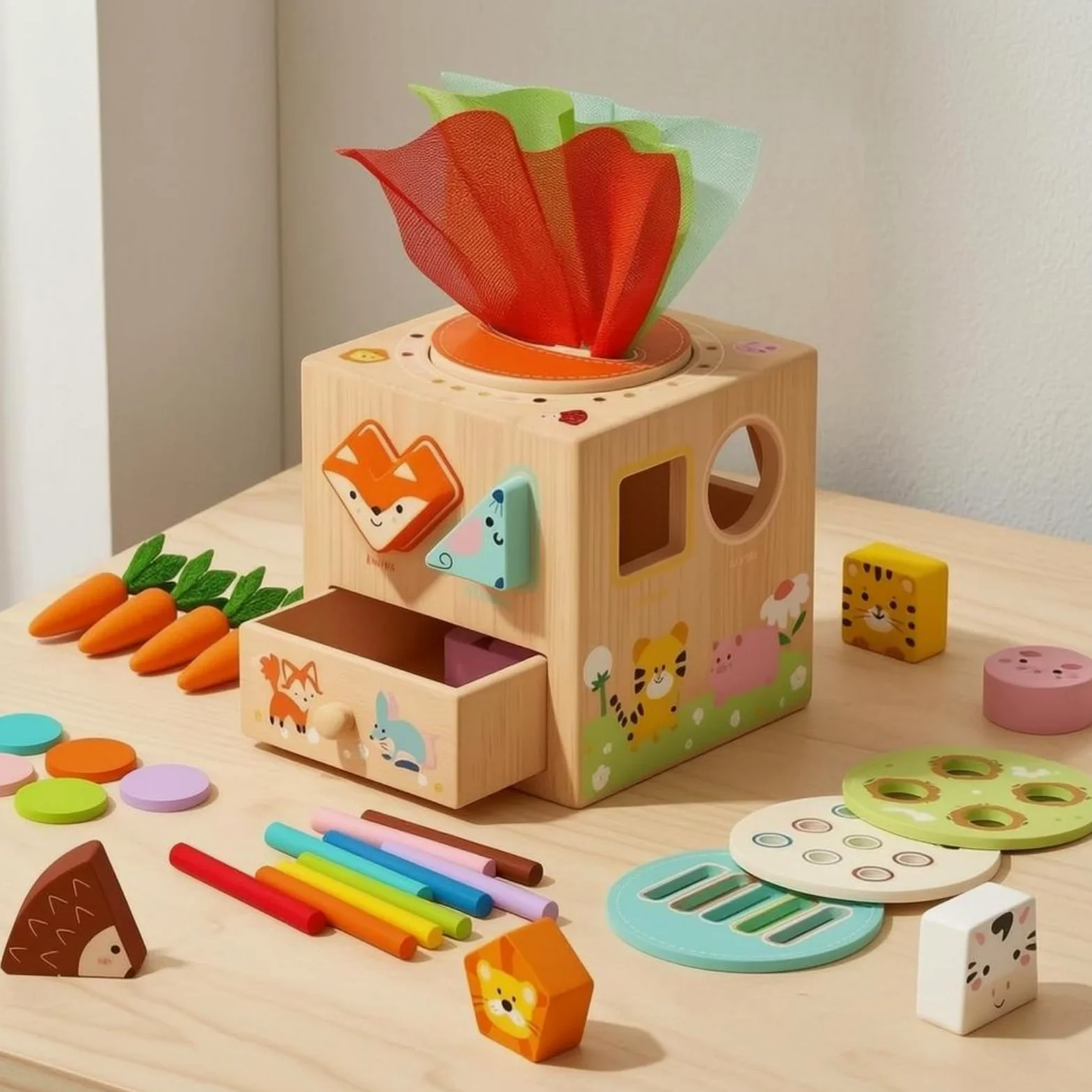 Qianly Cubo attività Educativo Apprendimento Precoce Cubo Multiattività in Legno Coordinazione Occhio-Mano Classificatore di Forme in Legno