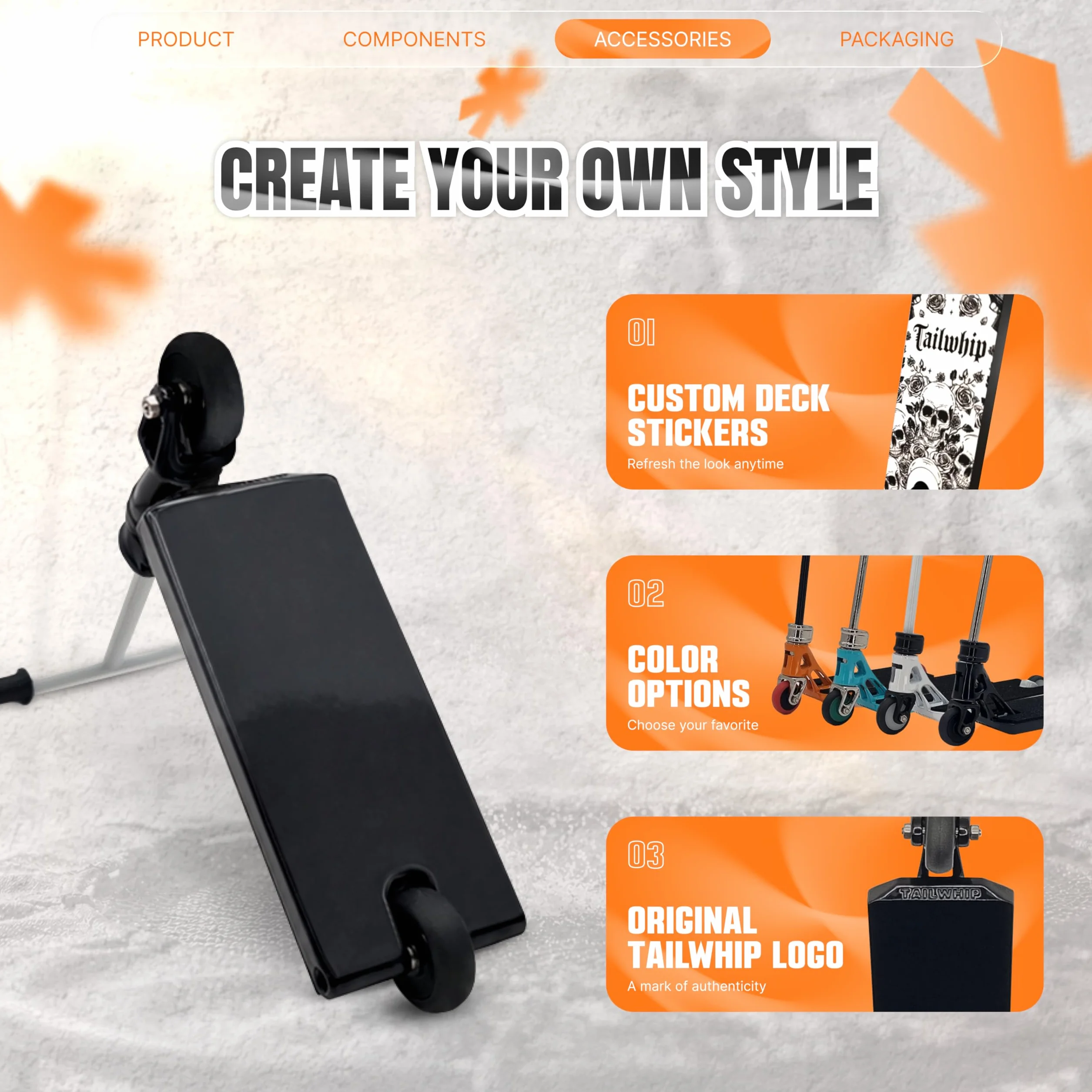 TAILWHIP Pro Finger Scooter con cuscinetti a sfera: nessun gioco, silenzioso, decalcomania per individualizzazione, robusto monopattino in metallo per bambini e adulti, nero