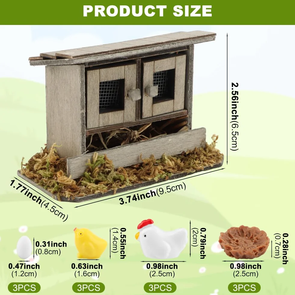 Set di pollai in miniatura, 13 pezzi, in legno, con galline, pulcini, uova e nidi, decorazione per giardini fatati, mini paesaggi fai da te e decorazioni per la casa