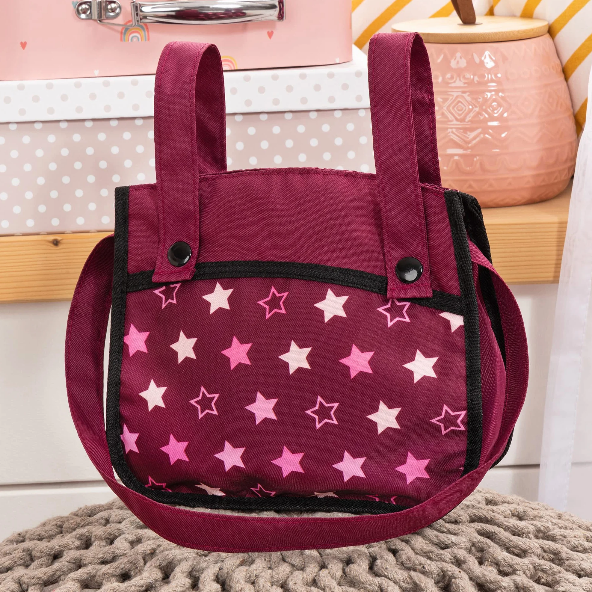 Bayer Design 26723AA Carrozzina gemellare Twin Xeo, carrozzina per bambole doppia, regolabile in altezza, borsa, bordeaux, rosa, stelle