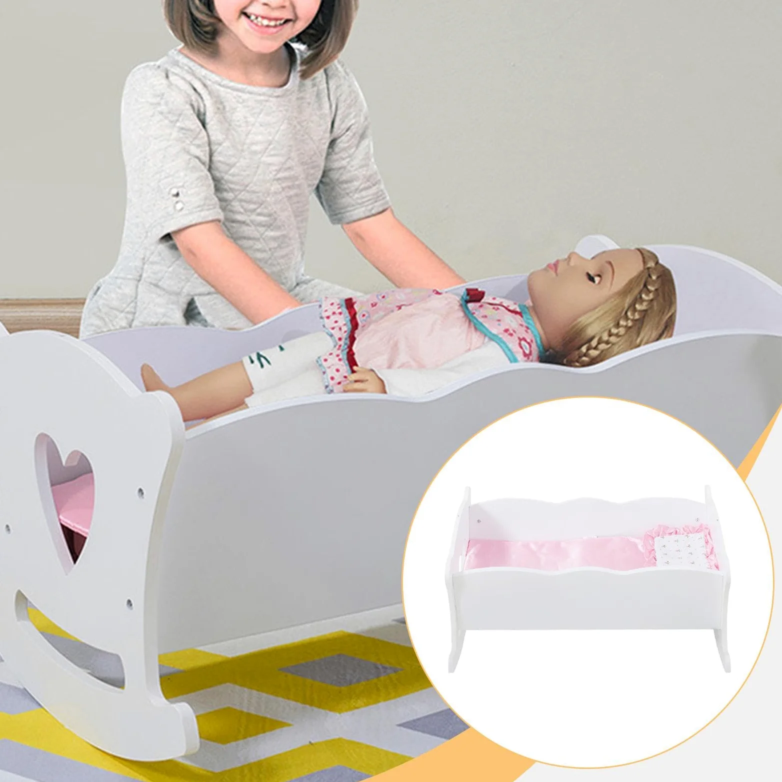 Letto A Dondolo Per Bambole In Legno Bianco | funzione oscillante, cuscino e coperta inclusi, gioco realistico