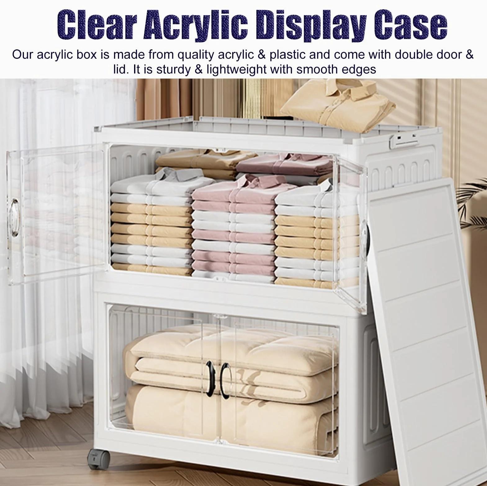 Teca Plexiglass Vetrina Pieghevole in Plastica con Ruote, Contenitore Impilabile con Doppia Anta e Coperchio, Vetrina in Acrilico Trasparente per Oggetti da Collezione(5-Layer)