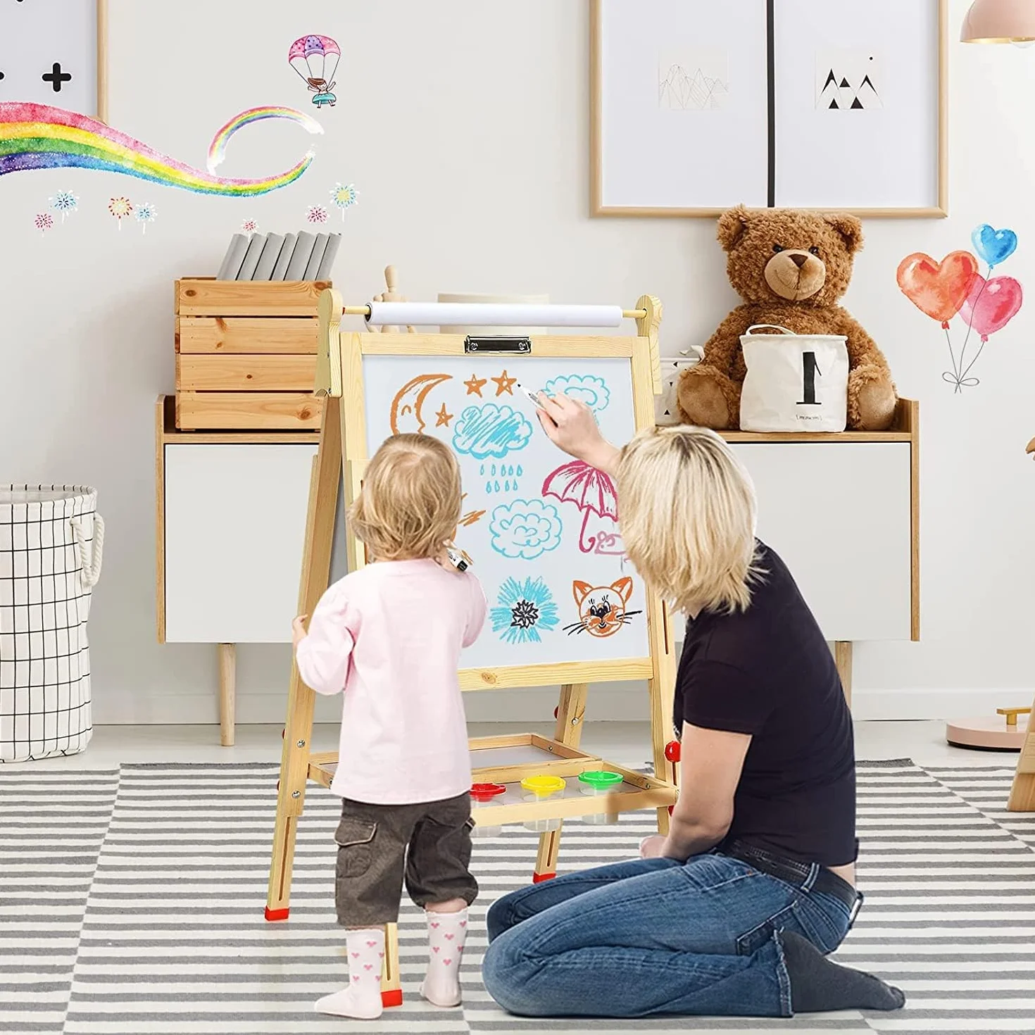RELAX4LIFE Lavagna Magnetica per Bambini 3 in 1 Cavalletto Pieghevole Altezza Regolabile 85-147 cm Legno di Pino