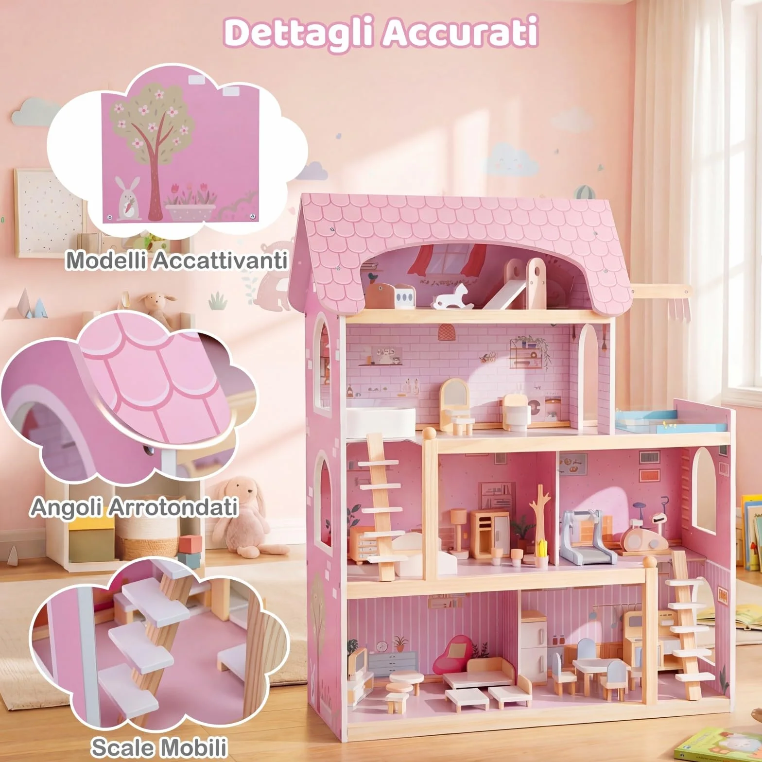 COSTWAY Casa delle Bambole in Legno, Casa Bambole con 4 Piani, 6 Stanze, Terrazza, Piscina e Scale, Casetta Giocattolo Educativo con 33 Mobili Accessori, per Bambini 3+ Anni, 63 x 25 x 78 cm (Rose)