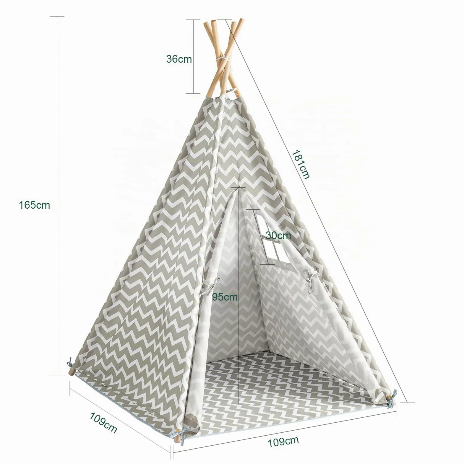 SoBuy Tenda Tipi Bambini 109x109x165cm Cameretta | casetta gioco con tappetino, finestra e tenda apribile, struttura in pino OSS03