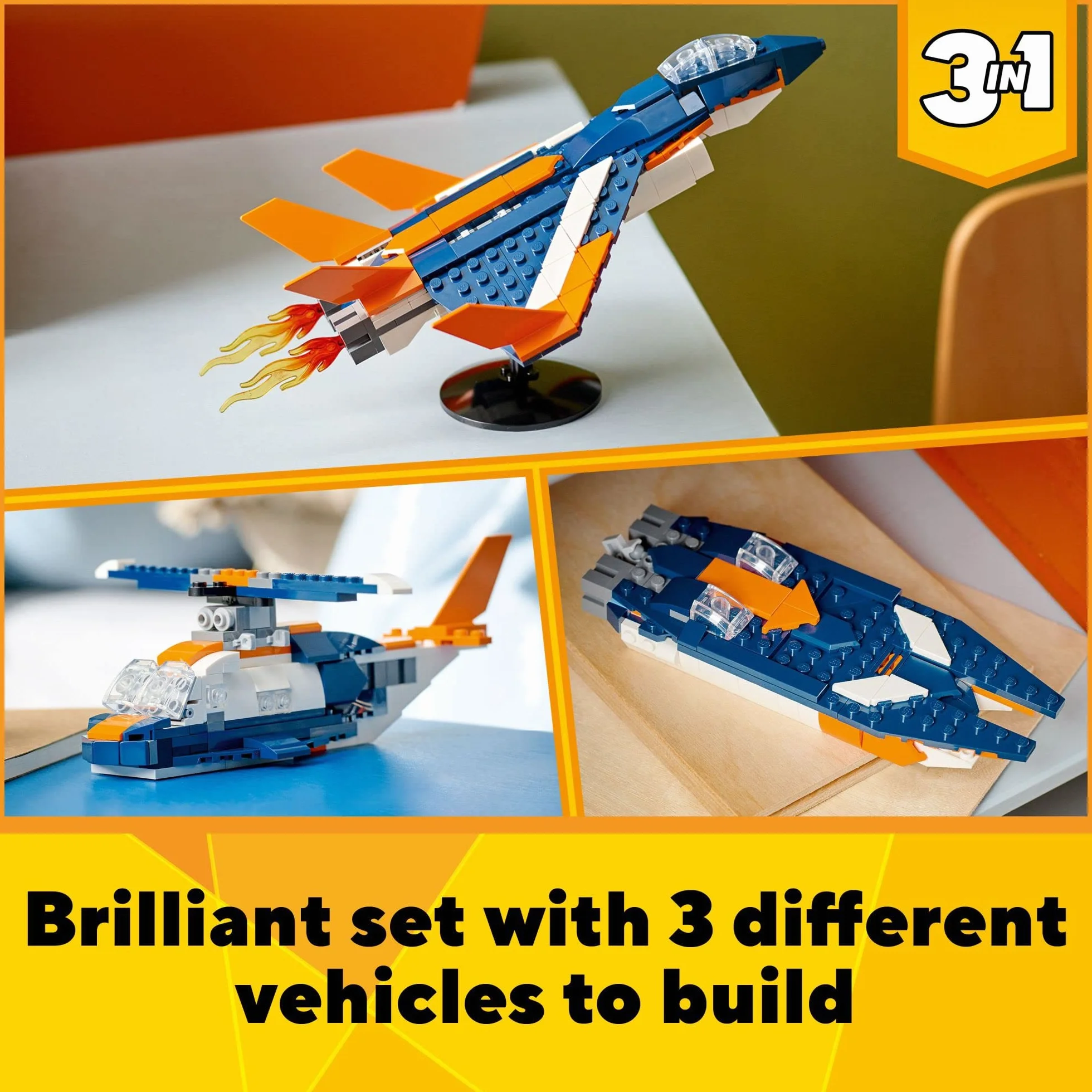 LEGO Creator 3in1 Supersonic-Jet 31126 Building Kit; Build a Jet Plane and Rebuild It into a Helicopter or a Speed Boat Toy; A Creative Gift for Passionate Fans Aged 7+ (215 Pieces)