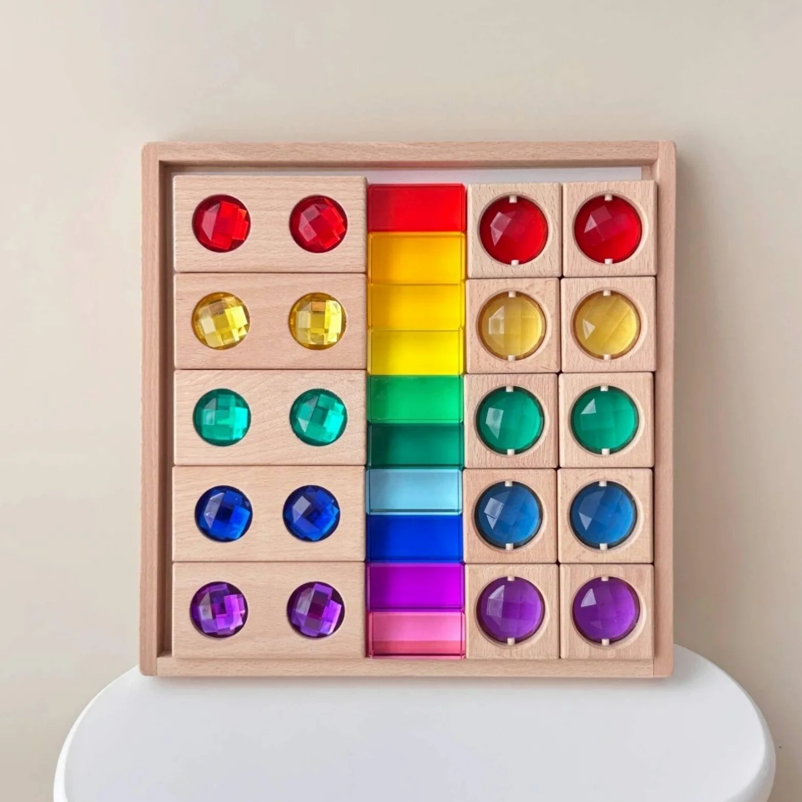 Blocchi Sensory per Bambini Set Didattico con Mattoncini Acrilici Blocchi Trasparenti Struttura in Legno Attività di Riconoscimento Colori E