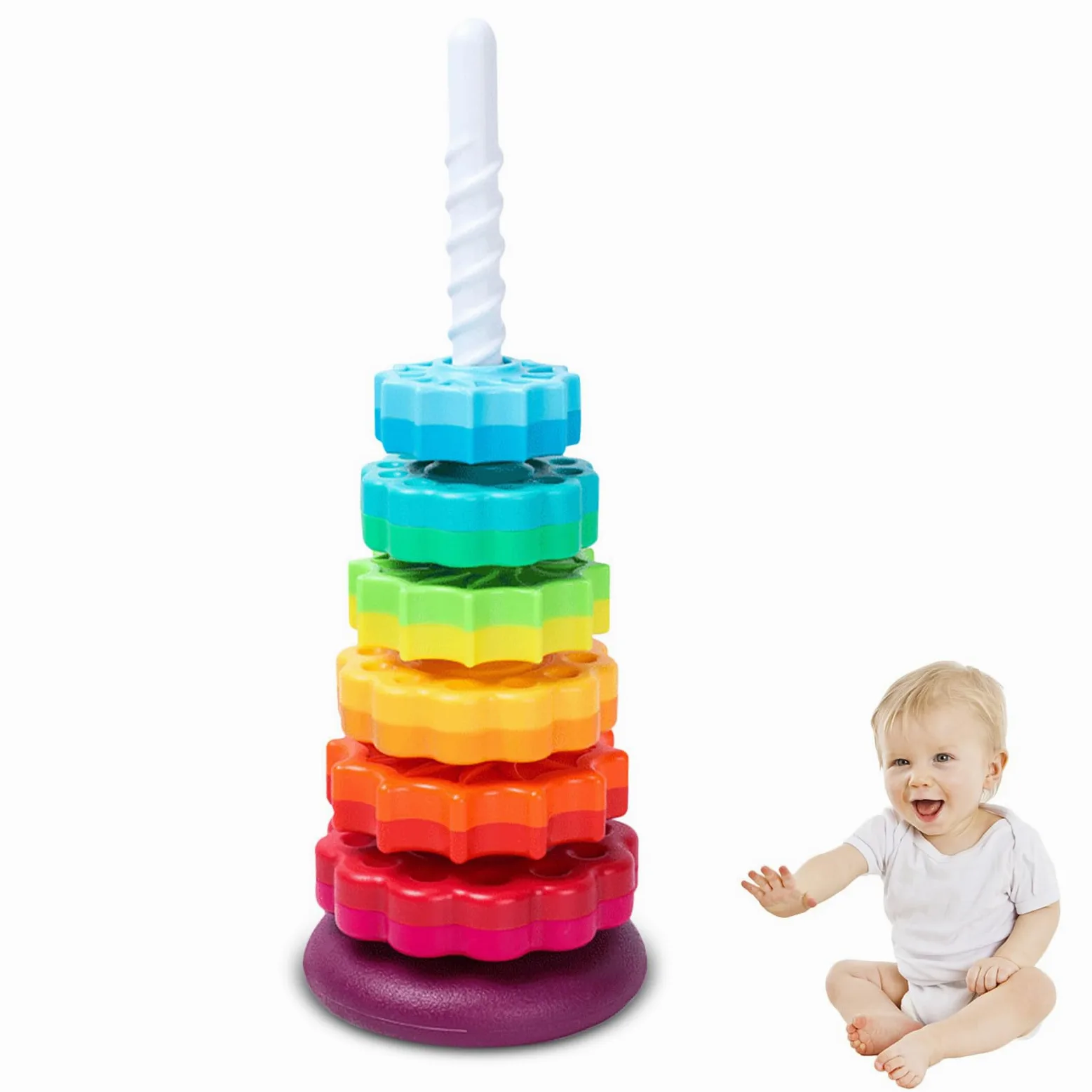 Torre di impilamento rotante – per | Lancer Anelli | Educativo | Bastone e 7 Anelli Inclusi | Giocattolo Sviluppo Motricità | Apprendimento Colori Forme