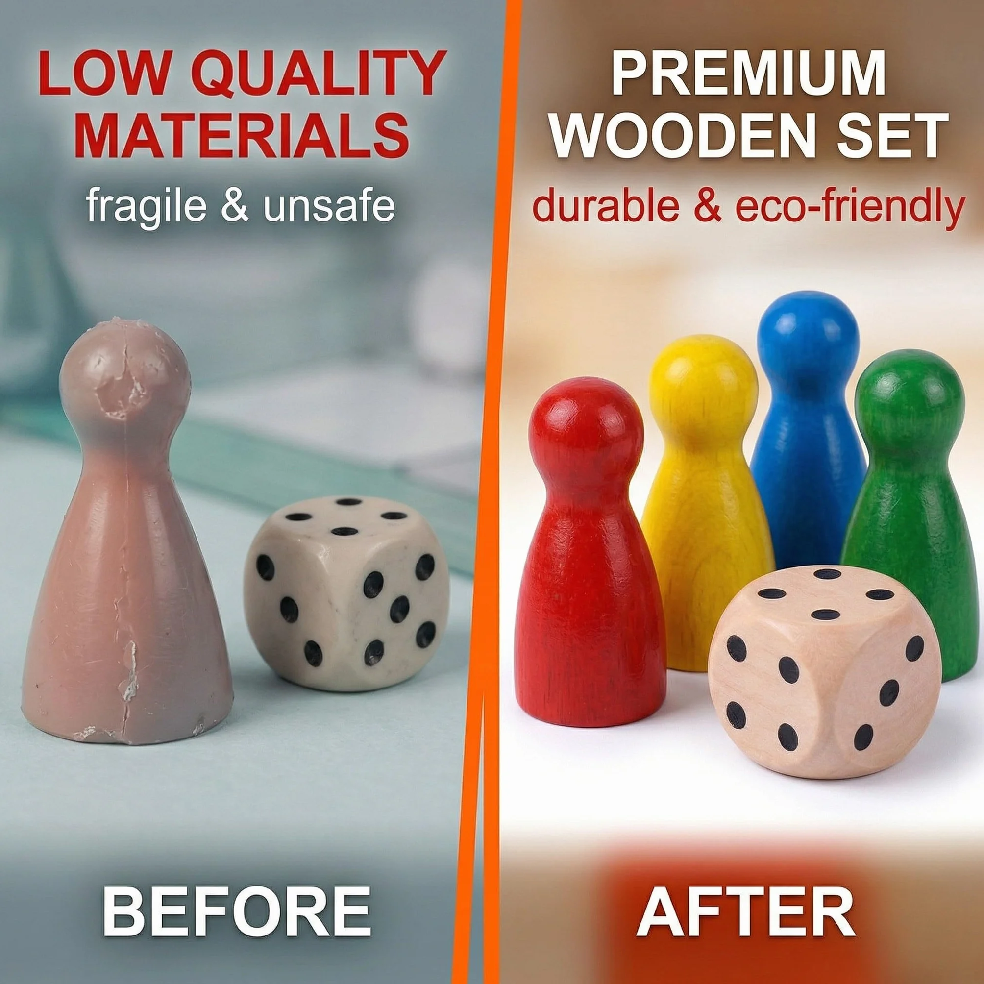 48PCS Pedine Gioco da Tavolo + 6PCS Dadi Dadi da Gioco in legno, Set di Pedine Colorate Personaggi Cono in Legno per Giochi Tavolo, Adatto ai bambini, Dadi da Gioco 14 mm