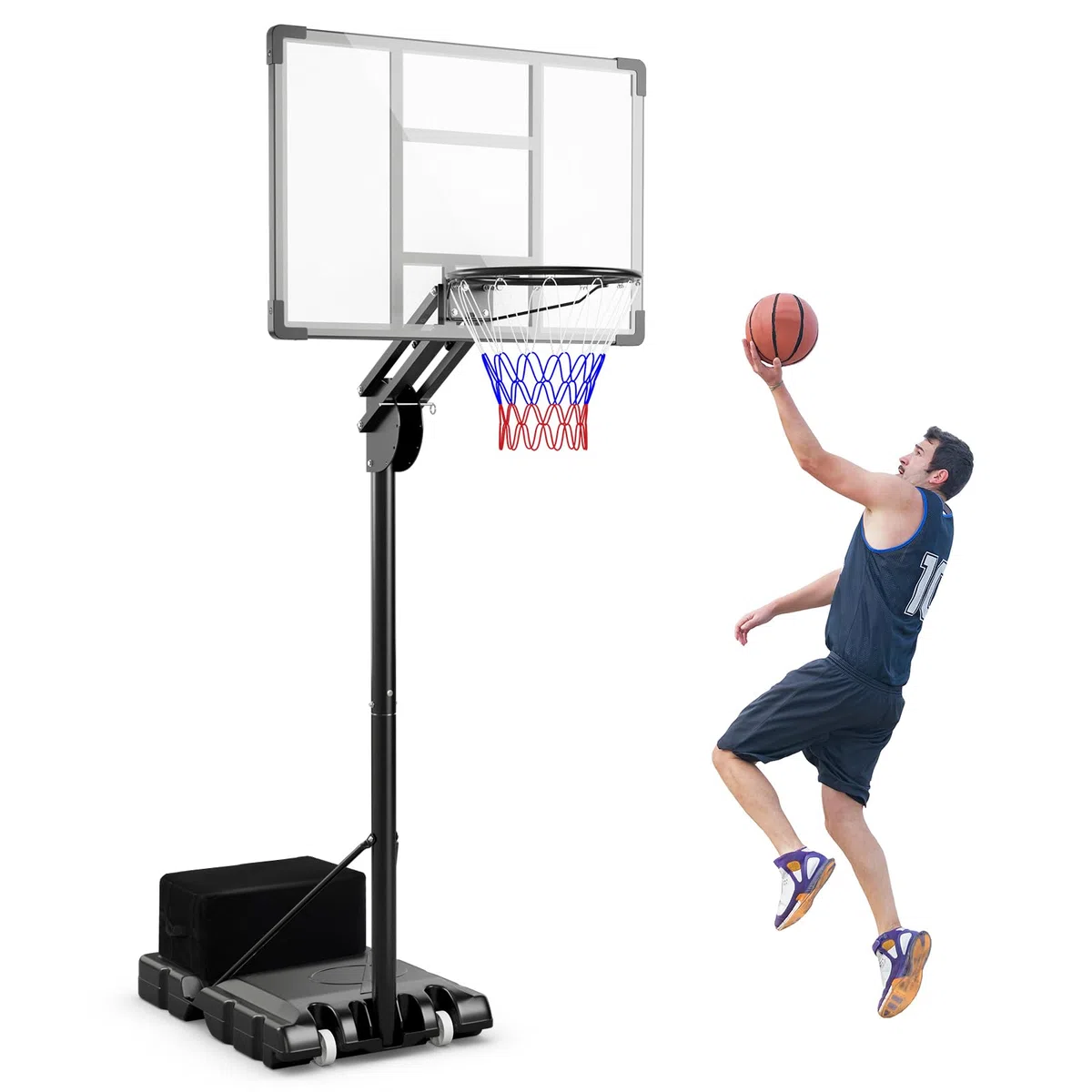 GYMAX Canestro da basket per esterni, altezza regolabile 204-358 cm, supporto da basket con ruote e base riempibile, impianto mobile per adolescenti e adulti