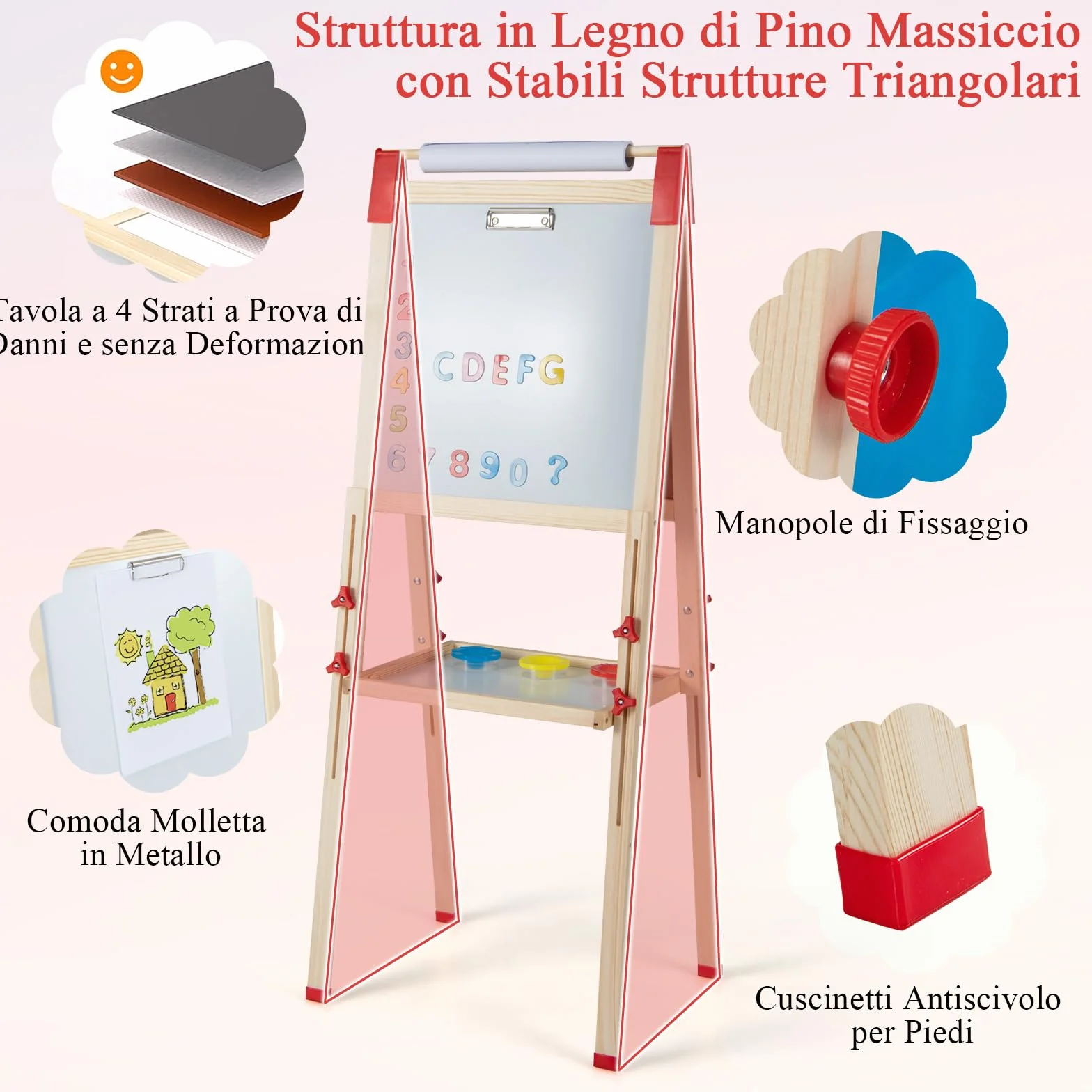 RELAX4LIFE Cavalletto per Bambini Regolabile in Altezza Legno Doppia Faccia Lavagna Magnetica Bianca Rotolo Carta Accessori Pittura