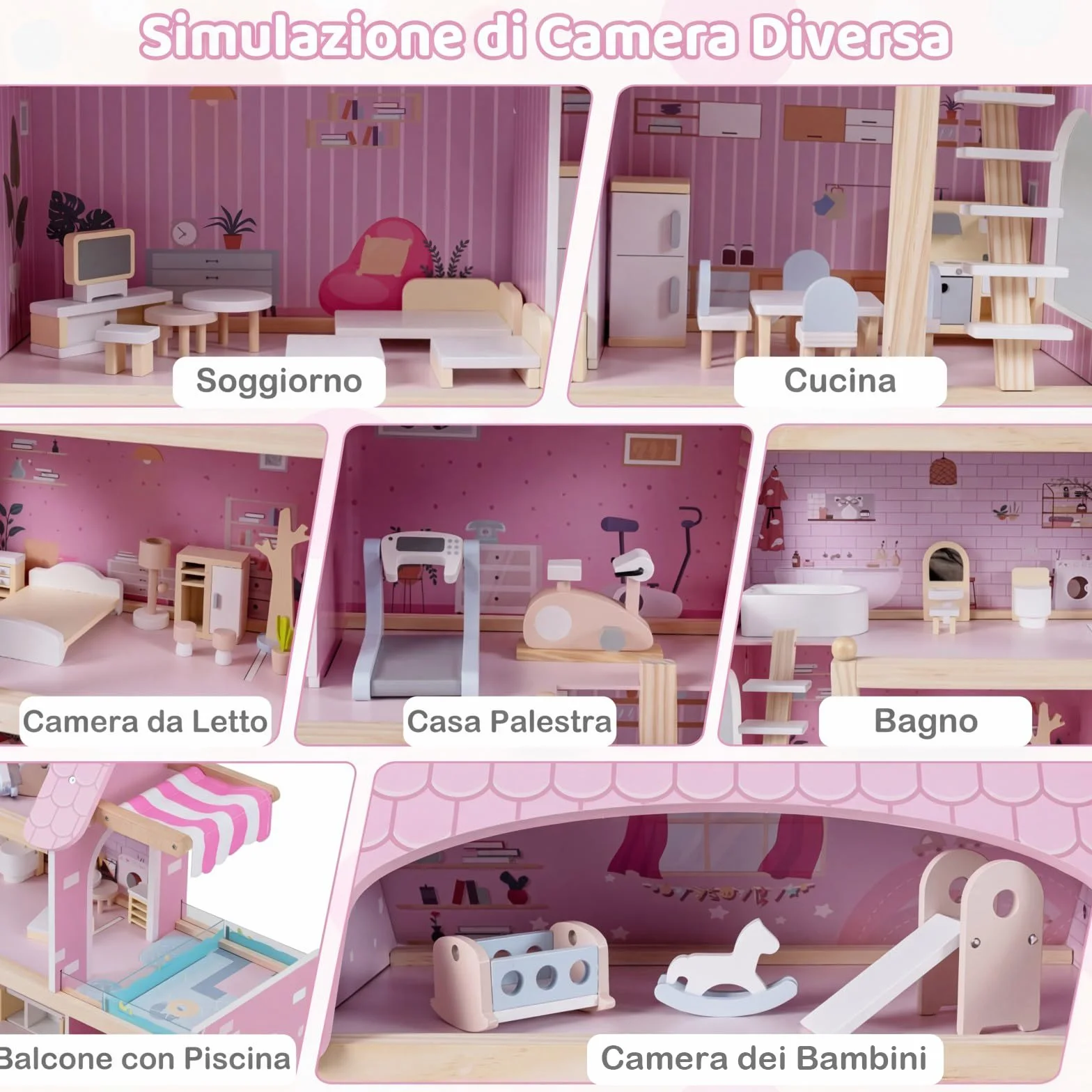 COSTWAY Casa delle Bambole in Legno, Casa Bambole con 4 Piani, 6 Stanze, Terrazza, Piscina e Scale, Casetta Giocattolo Educativo con 33 Mobili Accessori, per Bambini 3+ Anni, 63 x 25 x 78 cm (Rose)