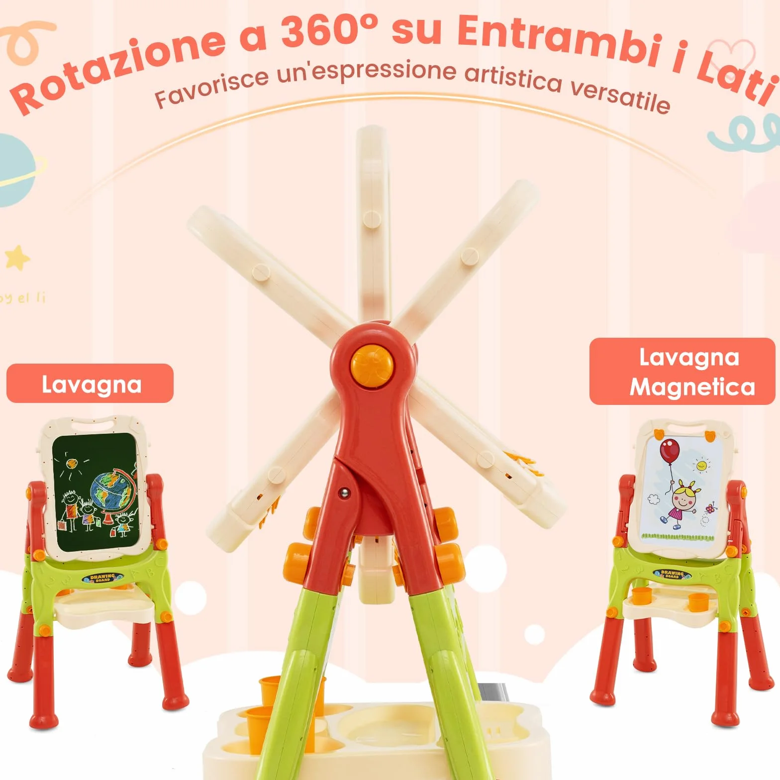 GYMAX Lavagna Magnetica per Bambini, Cavalletto da Disegno Doppio Lato con Lavagna, Tavolo da Disegno Portatile con Maniglia, Altezza Regolabile per Bambini 3+ Anni (Rosso)