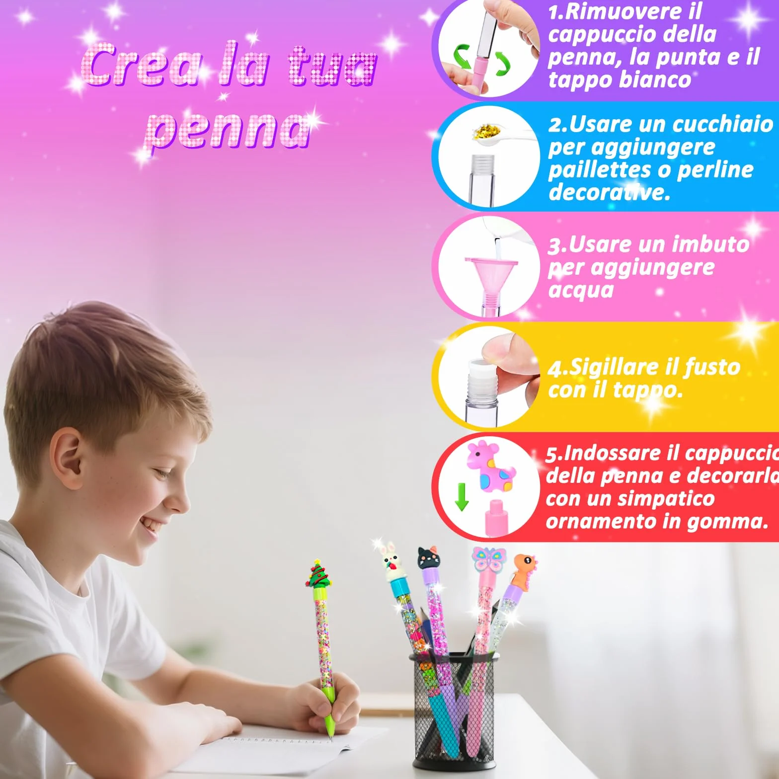MOMUSE Kit Creativo Penne 50 Accessori, Fabbrica Penne per Bambini 6-10 Anni, Idee Regalo
