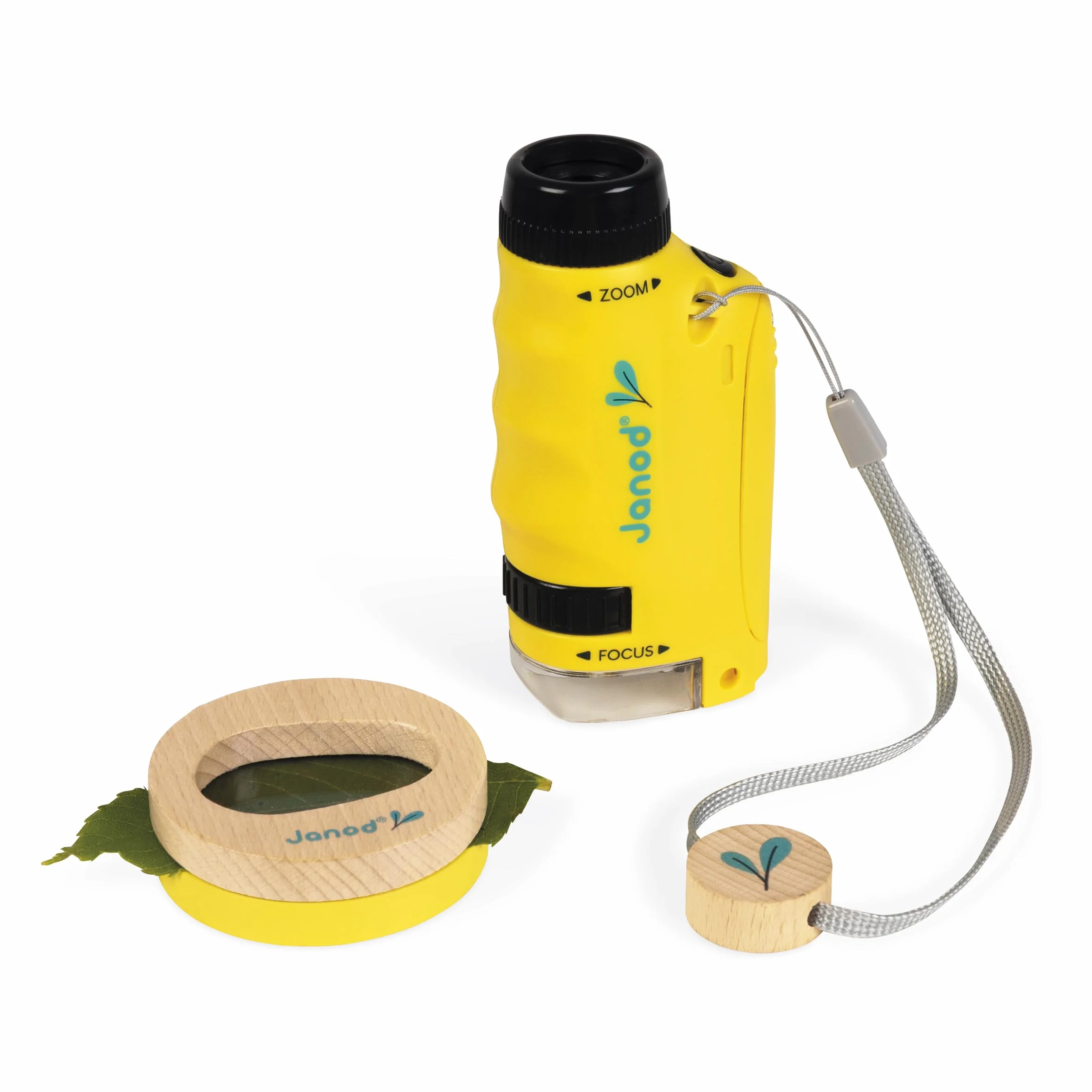Janod - Microscopio Tascabile Nomade per Bambini - Ingrandimento 50x-250x + Supporto in Legno - Concepito per Scoprire la Natura e Il Giardino - dai 3 Anni