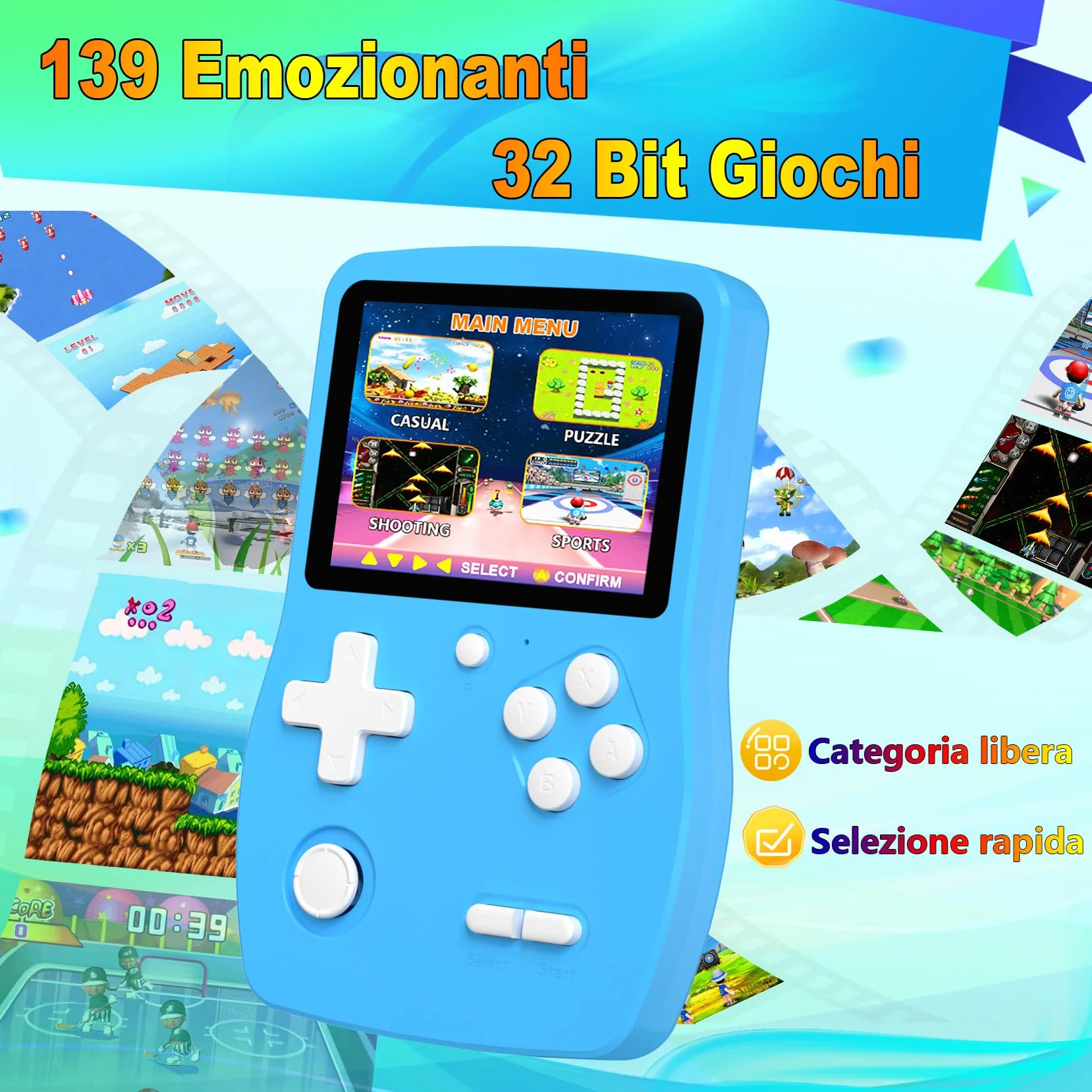 32 Bit Console Giochi Portatile per Bambini con 139 Videogiochi, Giocatore di Giochi con Schermo IPS da 3,0" e Batteria Ricaricabile, Mini Giochi da Viaggio Regali per Ragazzi Ragazze (Blu)