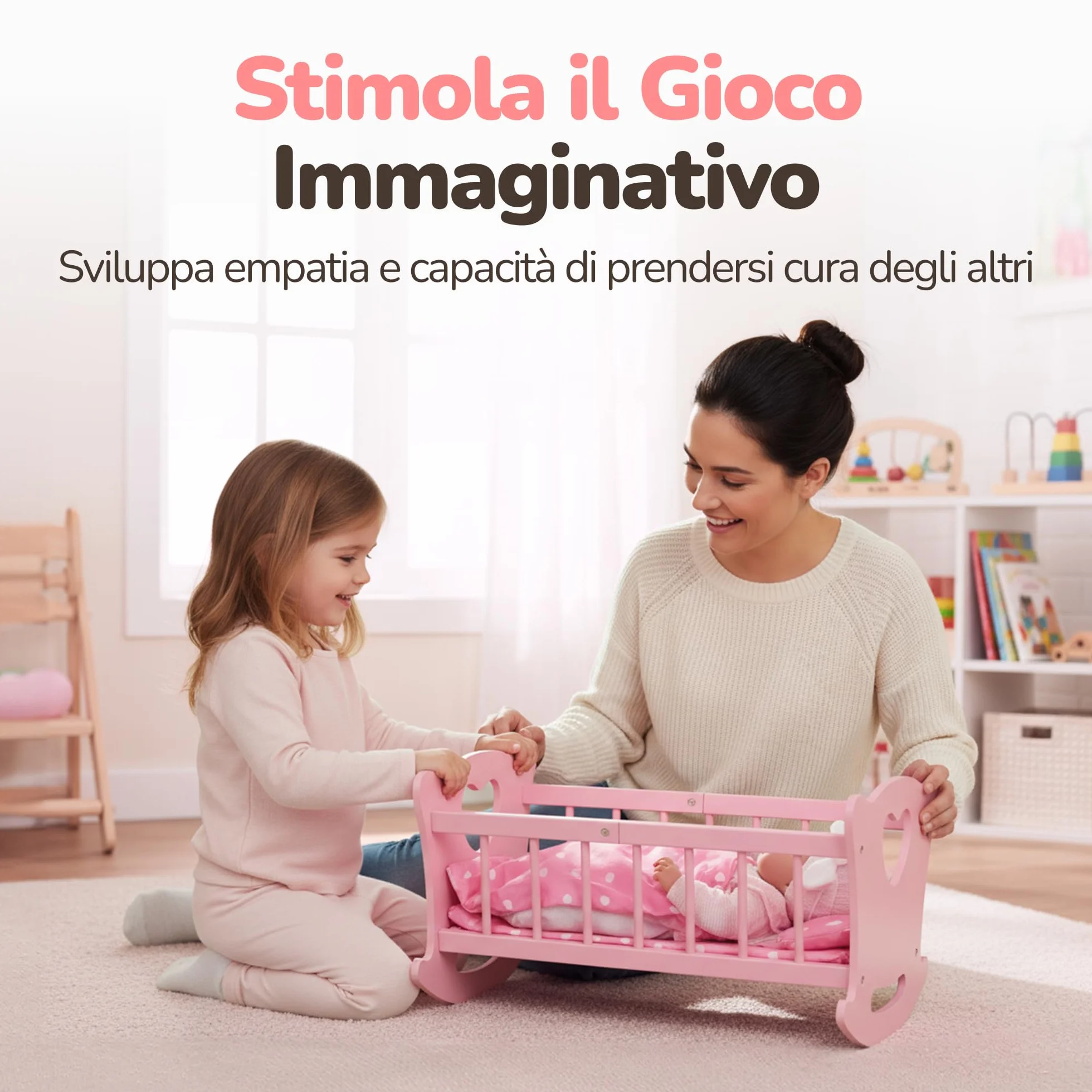 Kinderplay Culla per bambole in legno con biancheria da letto, letto a dondolo per bambole fino a 49,5 cm, giocattolo sostenibile in legno per ragazze dai 3 anni in su, letto per bambole con materasso