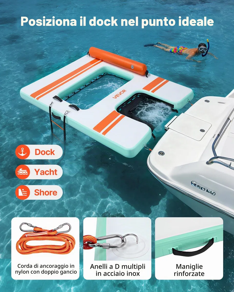 VEVOR Pontile Galleggiante Gonfiabile 2,44 x 1,83 m da Mare Piscina, Piattaforma Galleggiante con Superficie Antiscivolo Scaletta Staccabile, Rampa per Cani, Isola d'Acqua per Piscina Spiaggia Mare