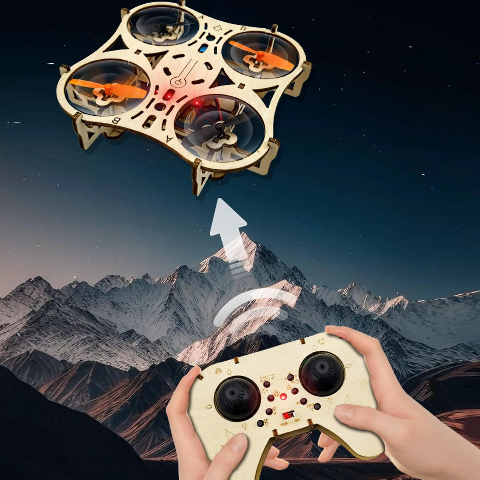 Kit Drone in Legno, Quadricottero Telecomandato Fai-da-te con Telaio Protettivo Completo e una Chiave di Decollo, per Principianti