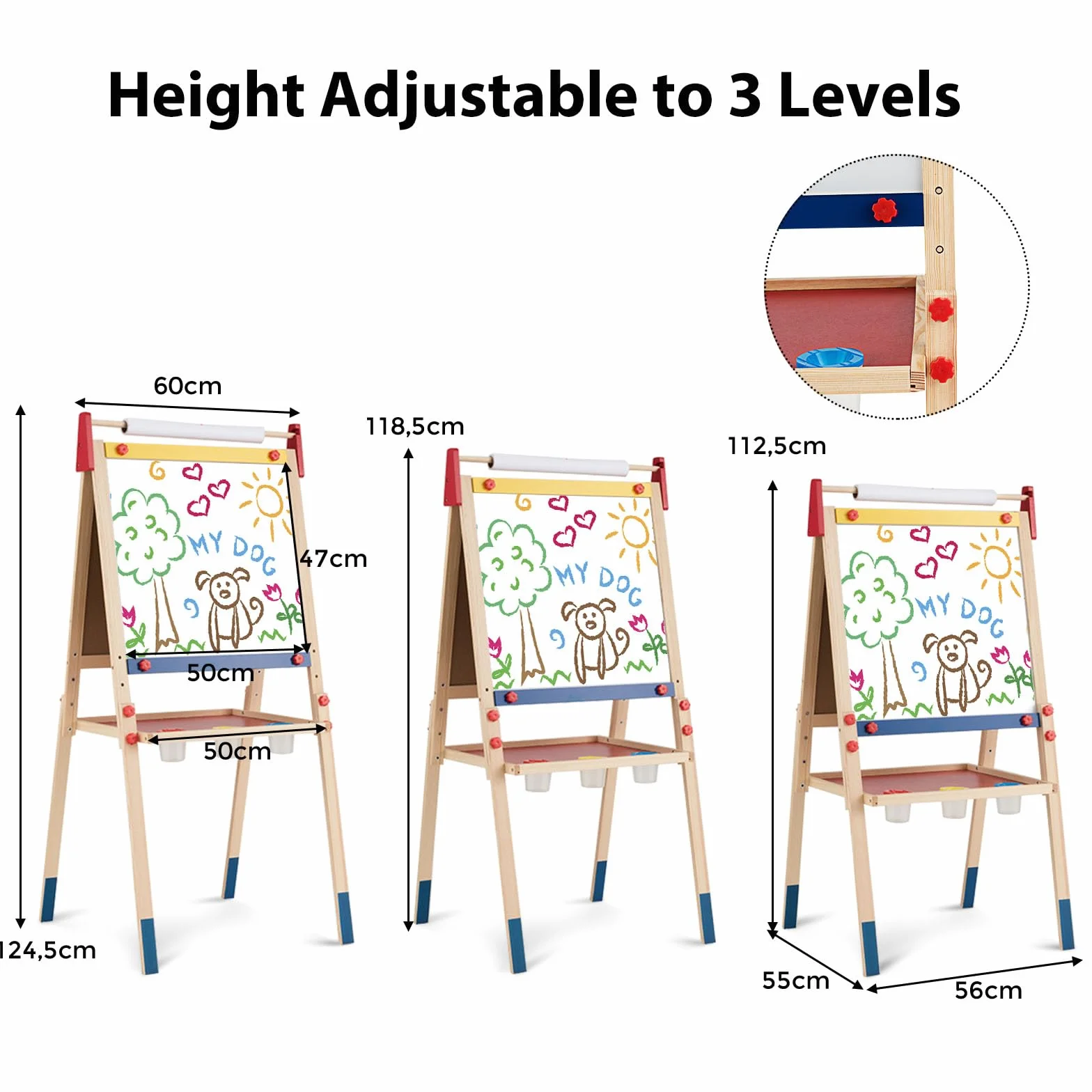 HOMASIS 3 in 1 Lavagna per Bambini con Rotolo di Carta, Cavalletto Pittura Bambini con Lavagna Doppia Faccia, Altezza e Ripiano Regolabile, Struttura in Legno di Pino, 60 x 55 x 112,5-124,5 cm