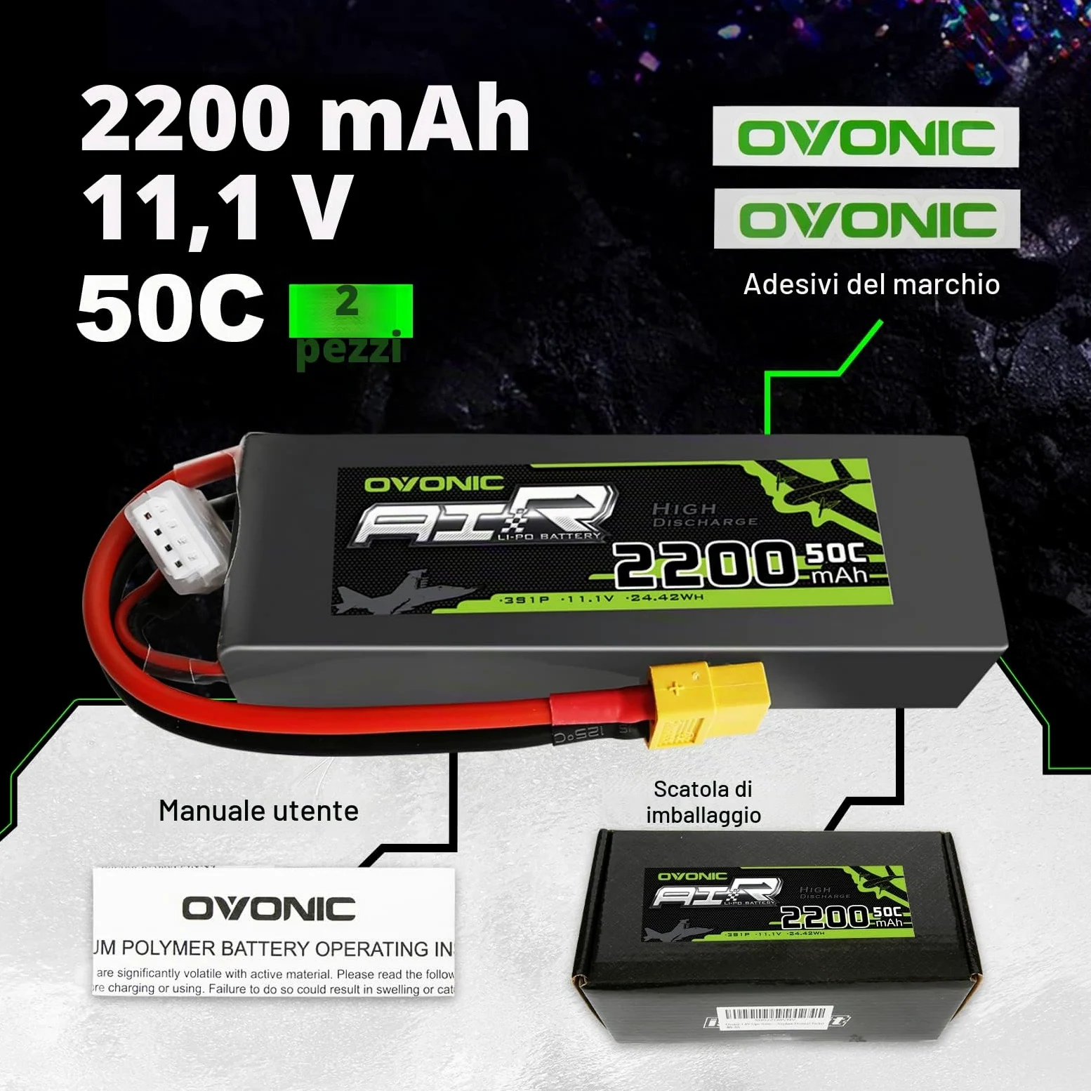 OVONIC 3s Lipo Batteria 11.1V 2200mAh 50C con XT60 per RC Evader BX Auto RC Truck RC Truggy RC Airplane UAV Drone FPV（2pcs）