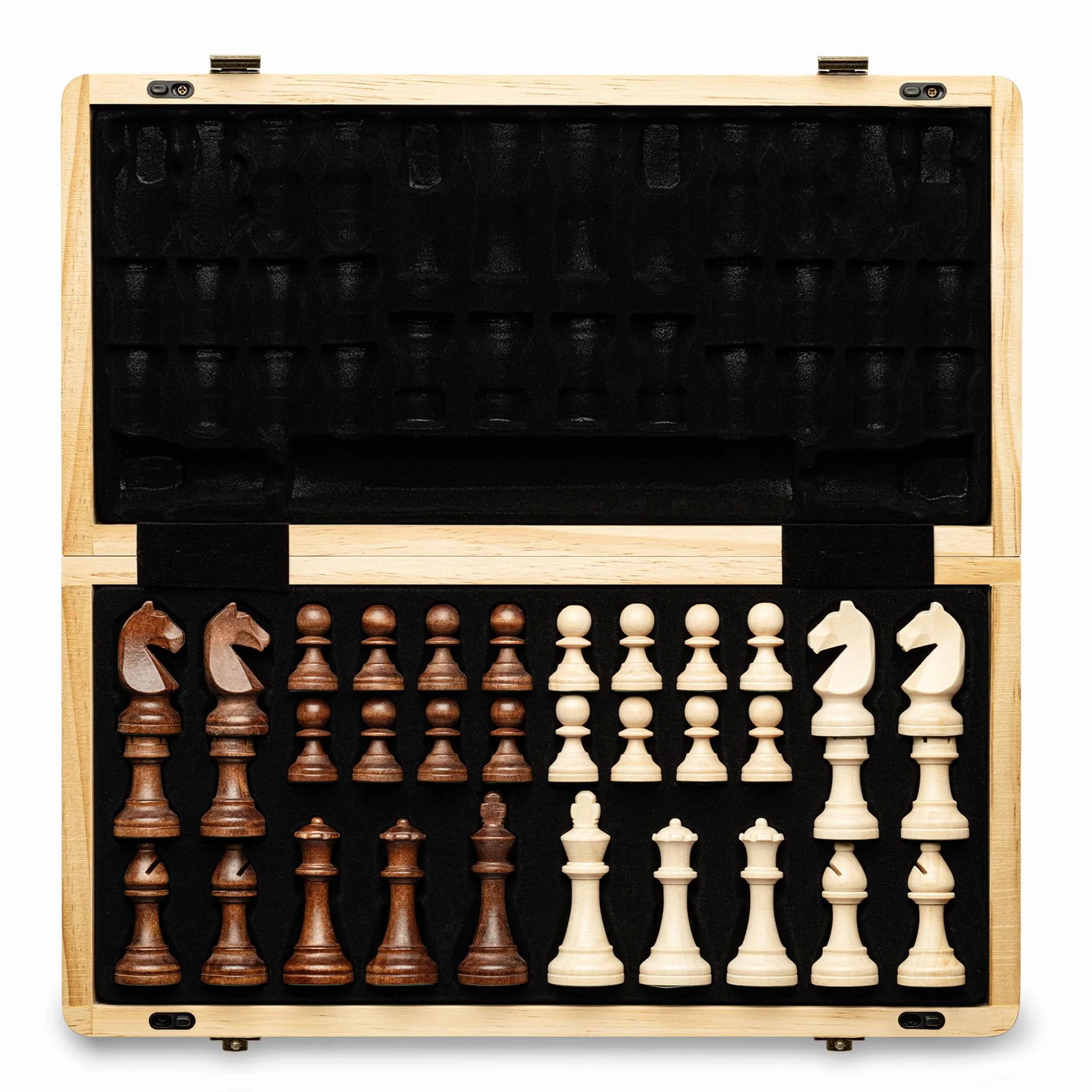 A&A Magnetisches Holzschachspiel, 38,1 cm, Klappbrett, 7,6 cm, Königshöhe Deutscher Ritter Staunton-Schachfiguren / Walnuss & Ahornholz / 2 extra Dame / Brettspiele