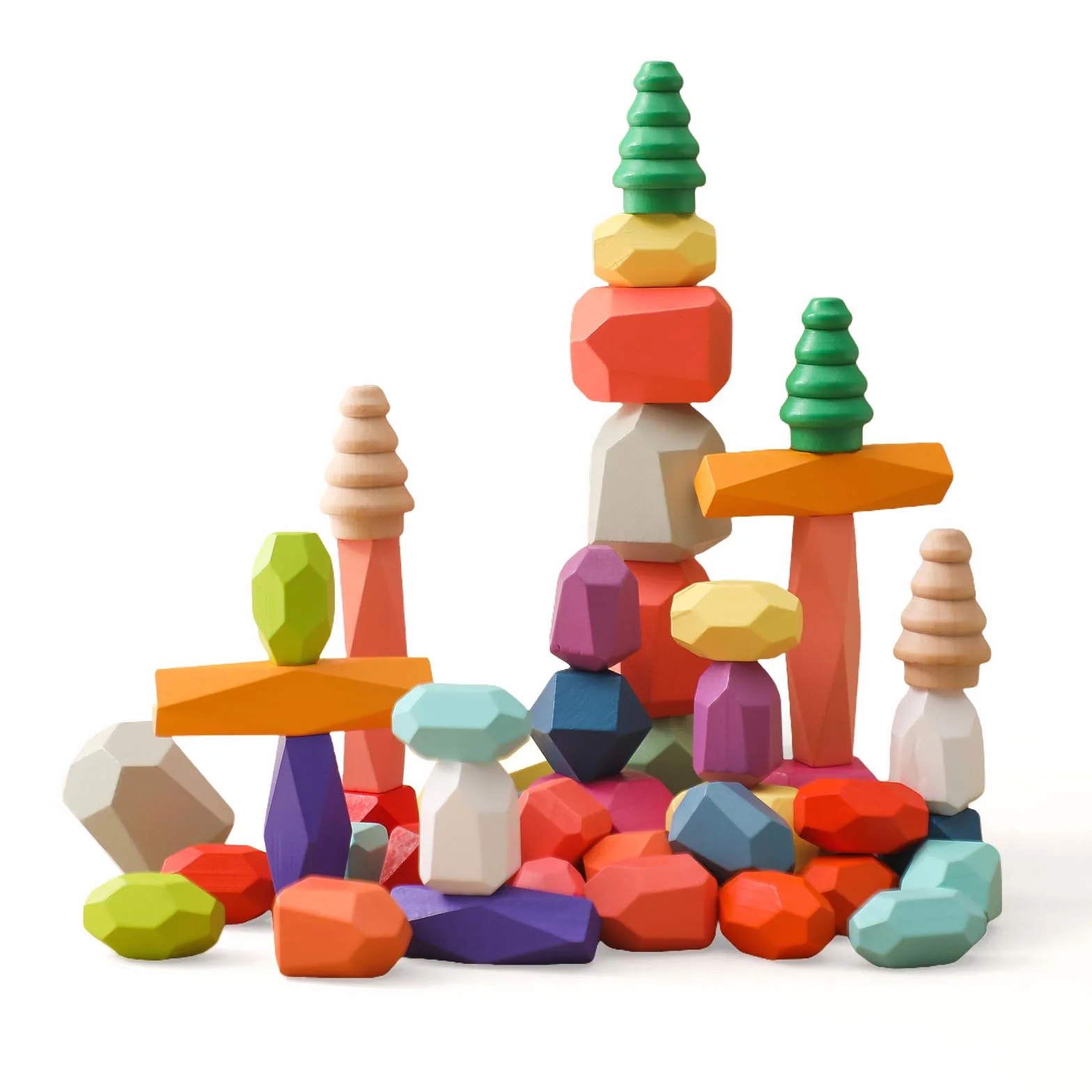 Giocattoli Impilabili in Legno - Pietre di Bilanciamento Waldorf Natura Blocchi di Costruzione Arcobaleno - Montessori (48 Pezzi Set)