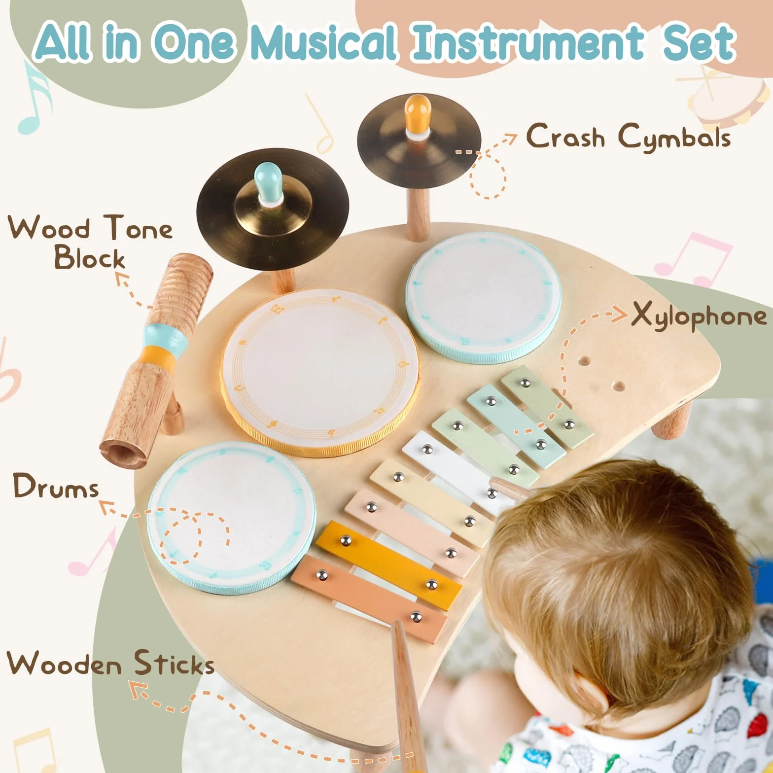 Set di batteria per bambini - Strumenti musicali per bambini da 1 a 3 anni, giocattoli musicali educativi per bambini in età prescolare, giocattoli montessori per bambini di 3 anni e più